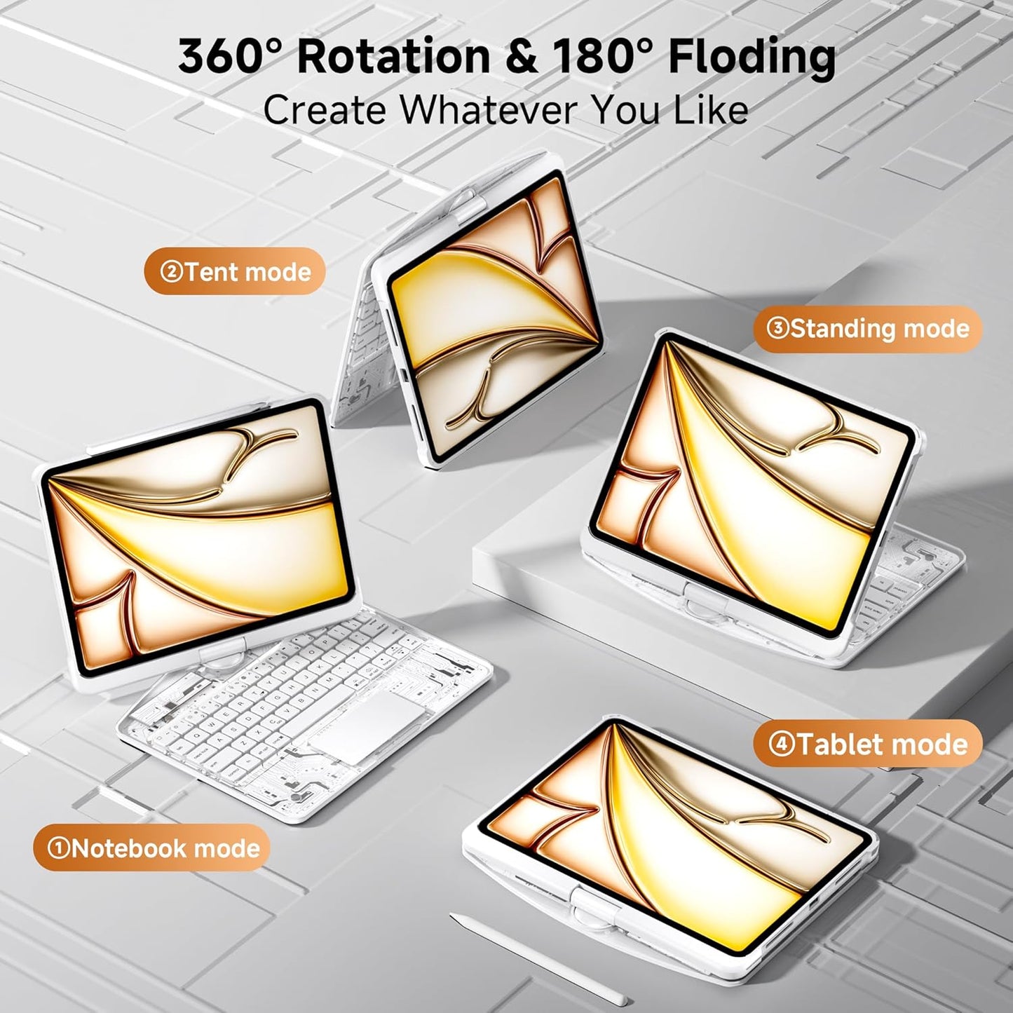 iPad Keyboard Case for 2024 M4 iPad Pro 13 inch, Magic Wireless Keyboard with Trackpad 7 Color Backlit, 360° Rotating Stand Transparent Protective Cover with Pencil Holder (White)