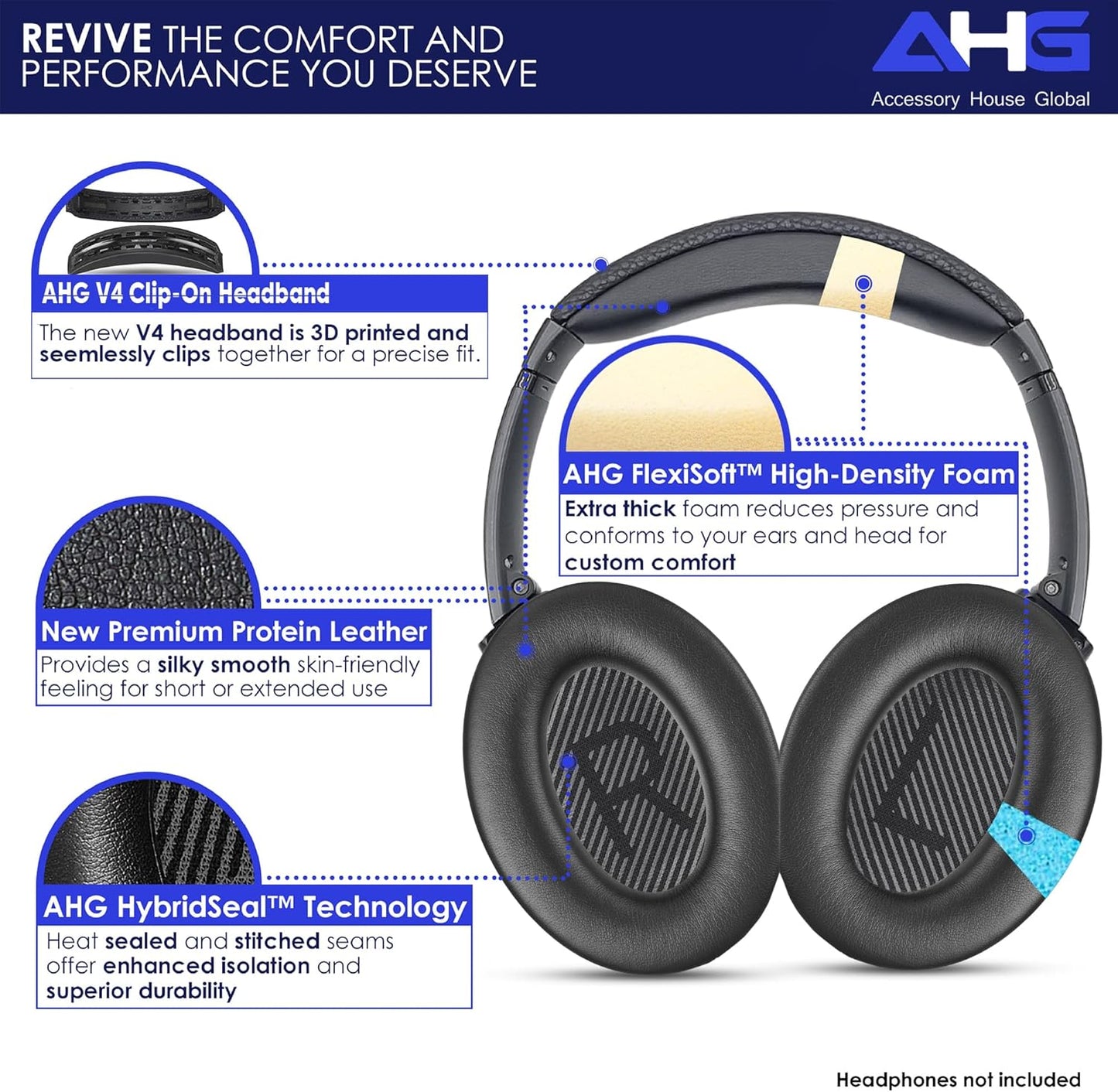 Replacement QC Ear Pad and Headband Pad Kit Cushion. Compatible with Bose QuietComfort (2023) QC45 QC35 QC35 II QCSC QCSE Wireless Noise Cancelling Headphones (Black)