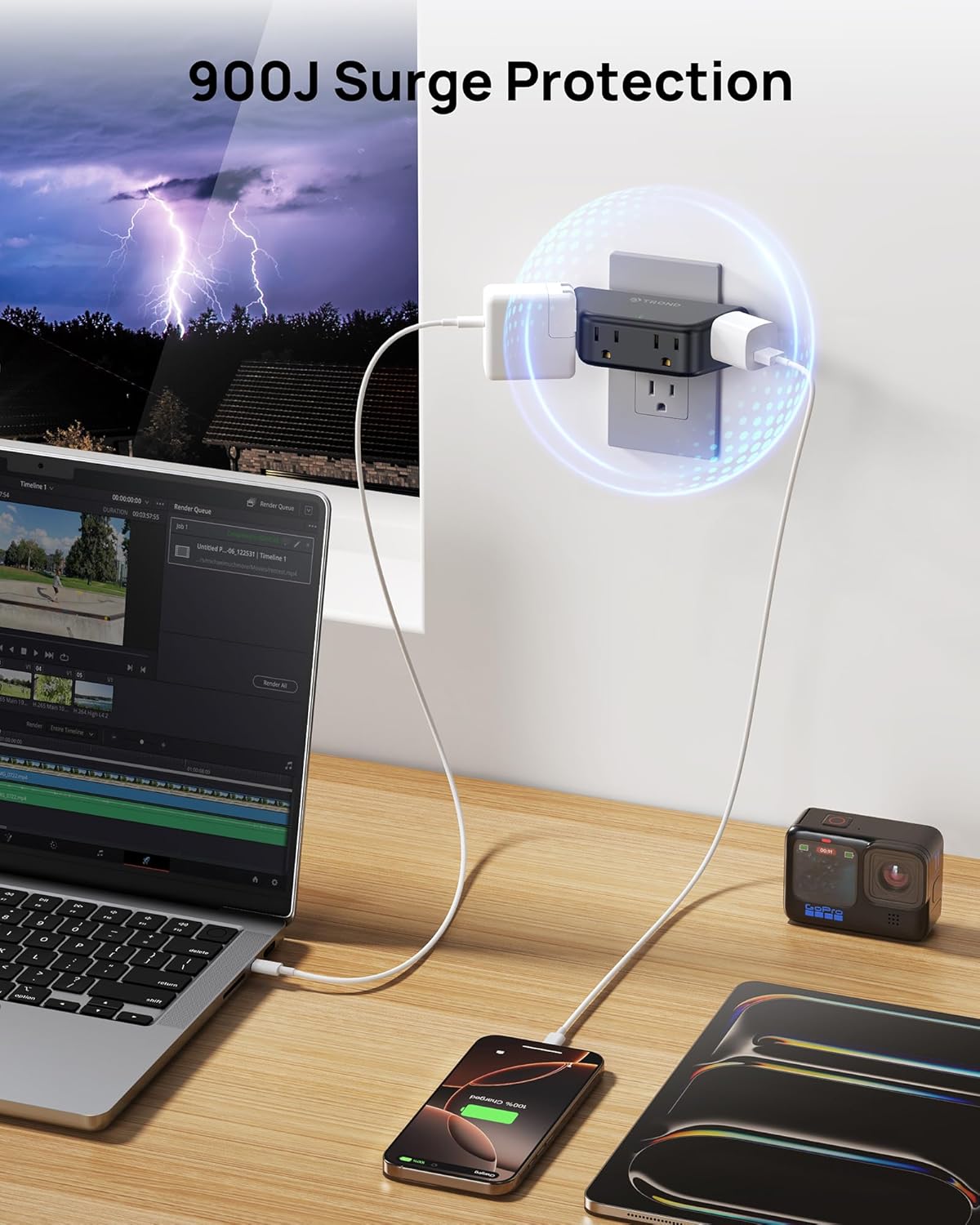 TROND Outlet Extender Surge Protector 2 Pack - Multi Plug Wall Outlet with 4 Grounded Sockets, Angled Wall Plug Splitter, 900J, Multiple Adapter for Home Office Travel Dorm Room, Black