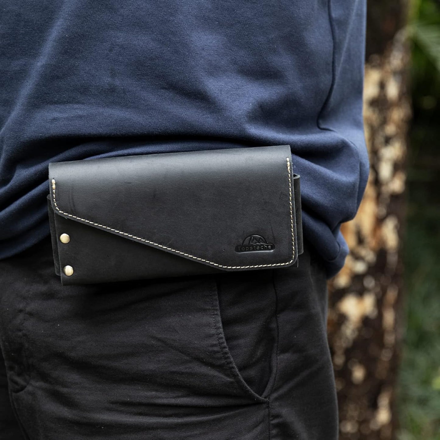 Topstache Leather Phone Holster with Belt Loop, Magnetic Closure Cell Pouch, Handmade Leather Holder for iPhone 14 Pro Max (Fits with Otterbox Case), XL, Black