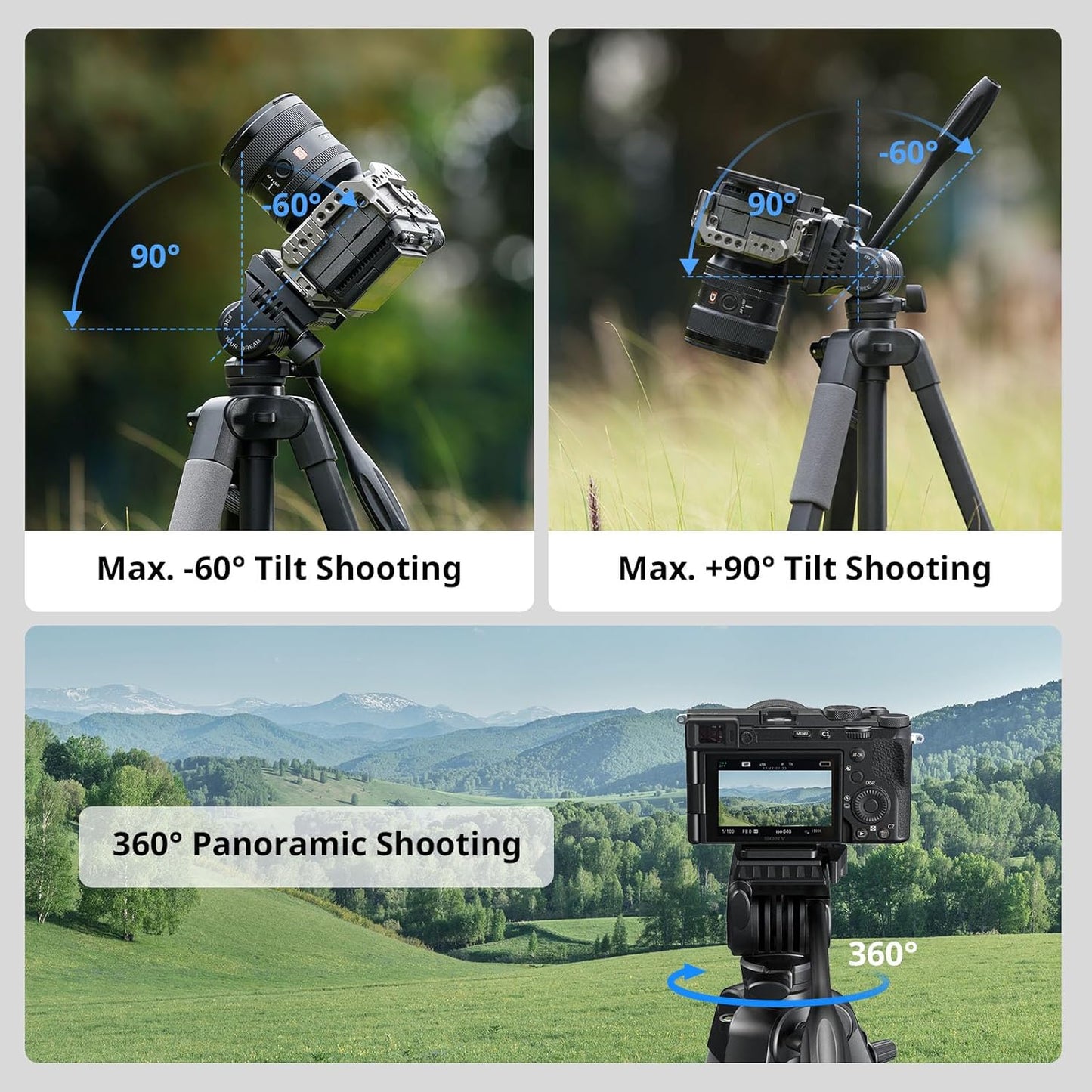 SmallRig CT-07 Aluminum Camera Tripod Stand, 63.4" Travel Tripod for iPhone and Cameras, Phone Tripods with Quick-Switch Vertical/Horizontal Mount, Adjustable Angles & Max. 4kg Load