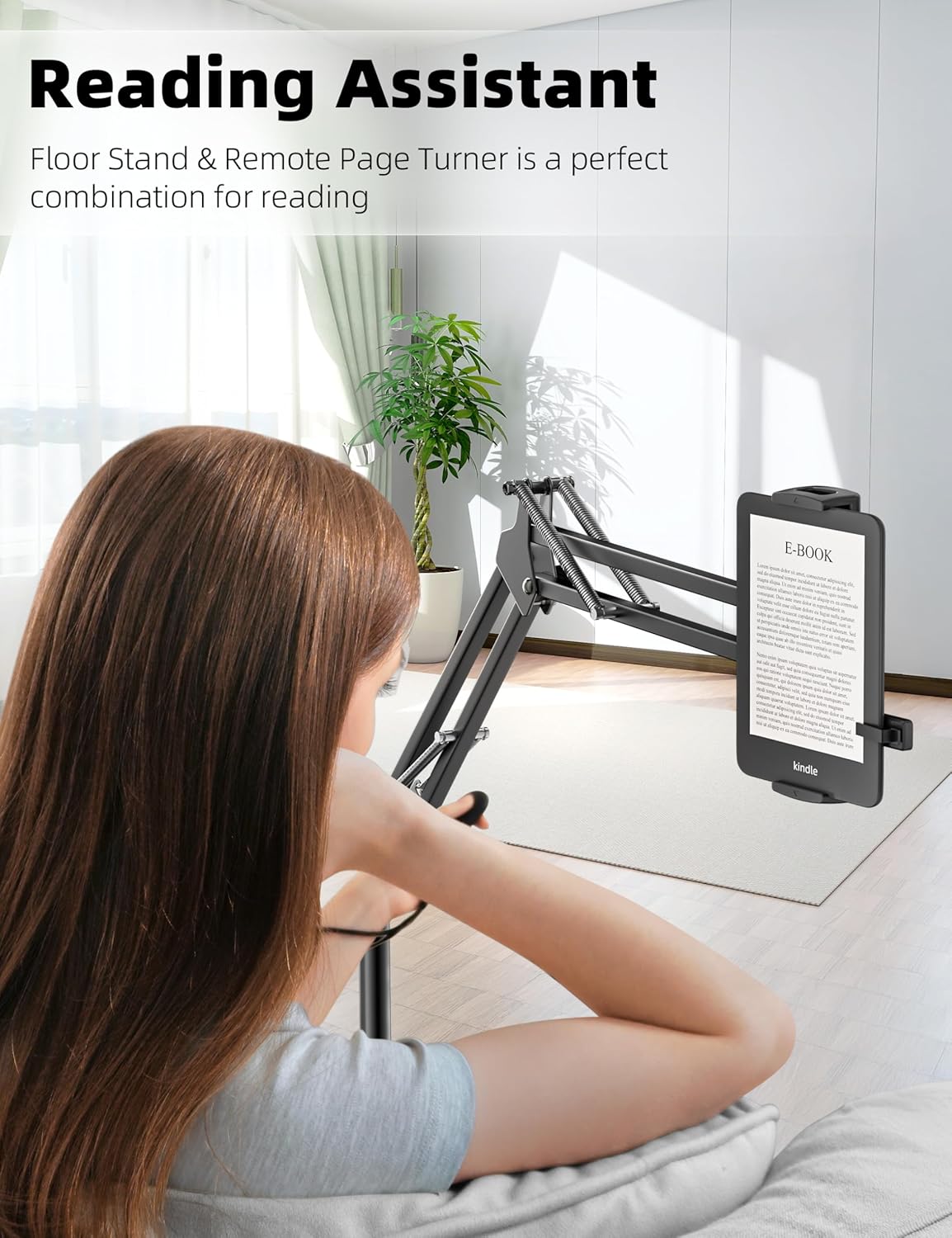 Kindle Floor Stand with Remote Page Turner, Tablet Stand with 11lb Stable Base, Adjustable Height Tablet Holder Mount, Compatible Kindles Tablets iPhones 4.7-12.9 inch