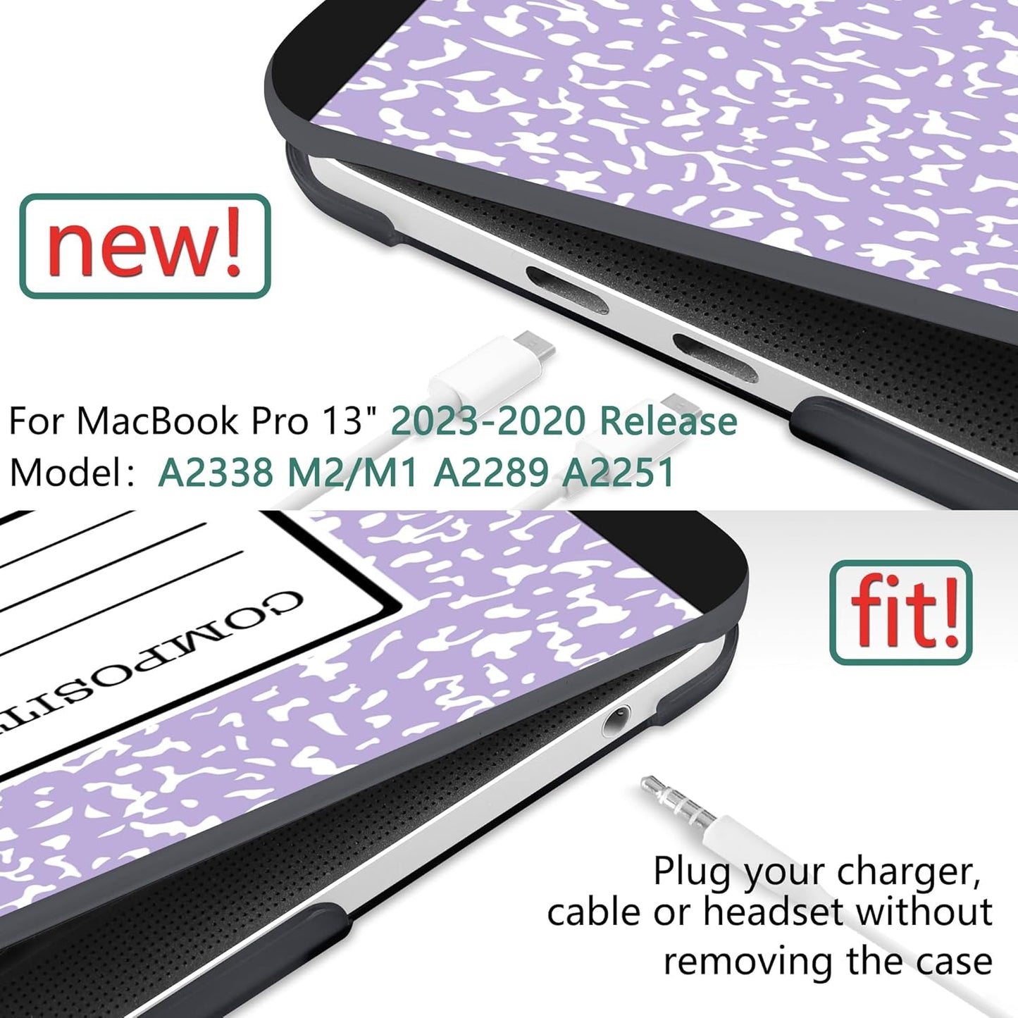 MEEgoodo Case for MacBook Pro 13 inch Case with M2 Chip 2022 2021 2020 New A2338 M1 A2251 A2289, Hard Shell with Keyboard & Camera Cover Compatible with 13 inch MacBook Pro, Composition Book Purple