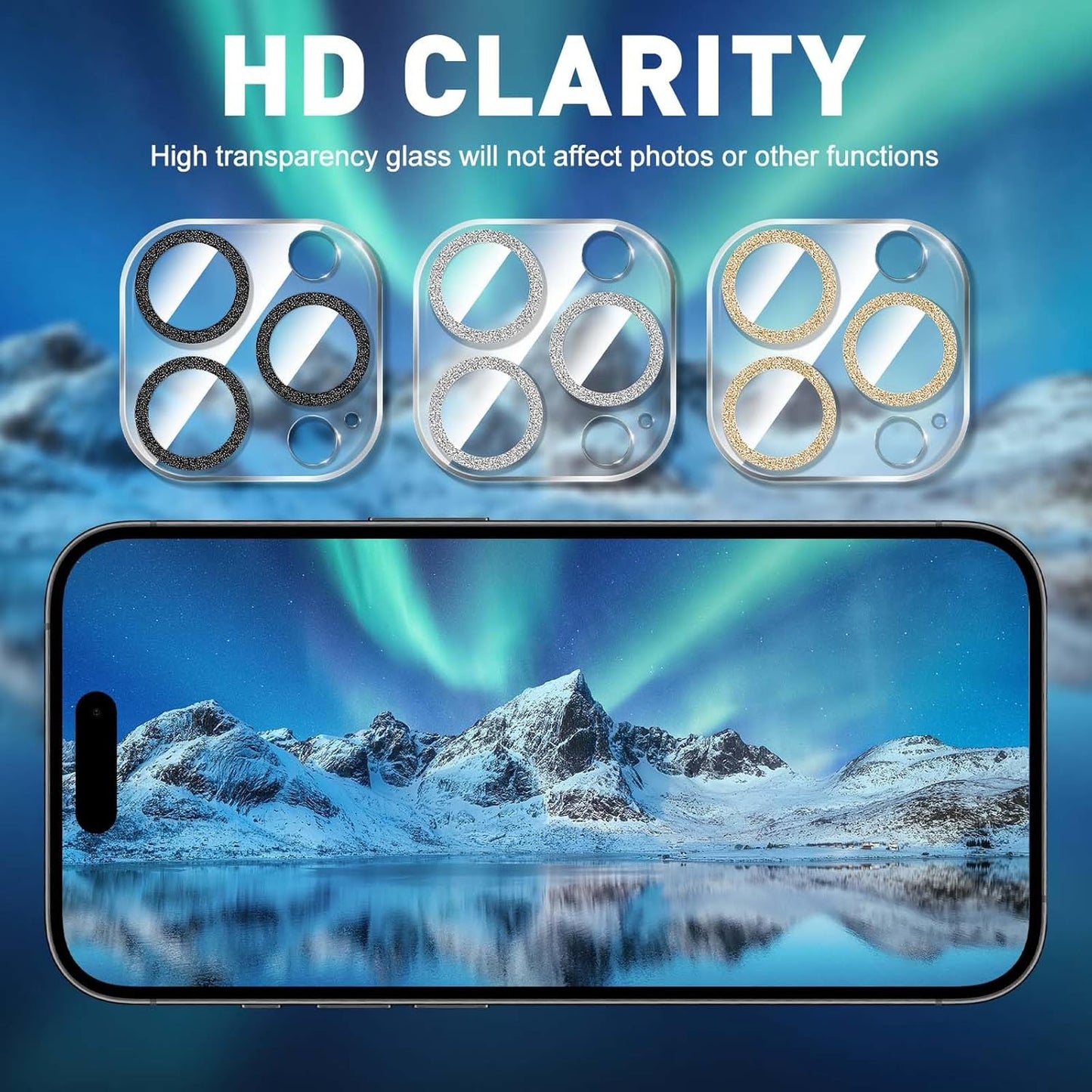 LucBuy 3PCS Sparkling Camera Lens Protector for iPhone 15 Pro/iPhone15 Pro Max, Full Clear Acrylic Cover with Shiny Colorful Glitter Designed Decoration Back Camera Protector