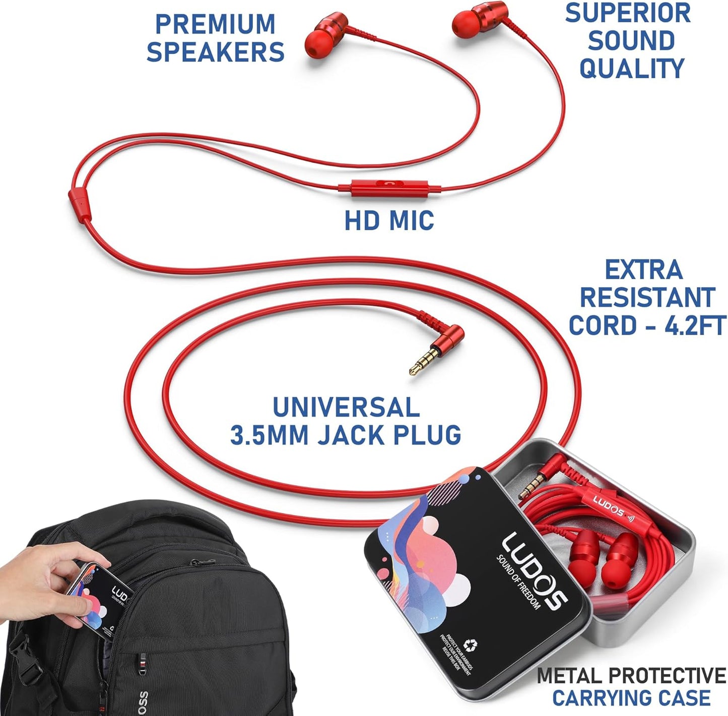 LUDOS OMNITONE Wired Earbuds in-Ear Headphones, 5 Years Warranty, Earphones with Microphone, 3.5 mm Jack Corded Ear Buds, Videoconference for iPhone, Samsung, Laptop, Kids, School Students - Red