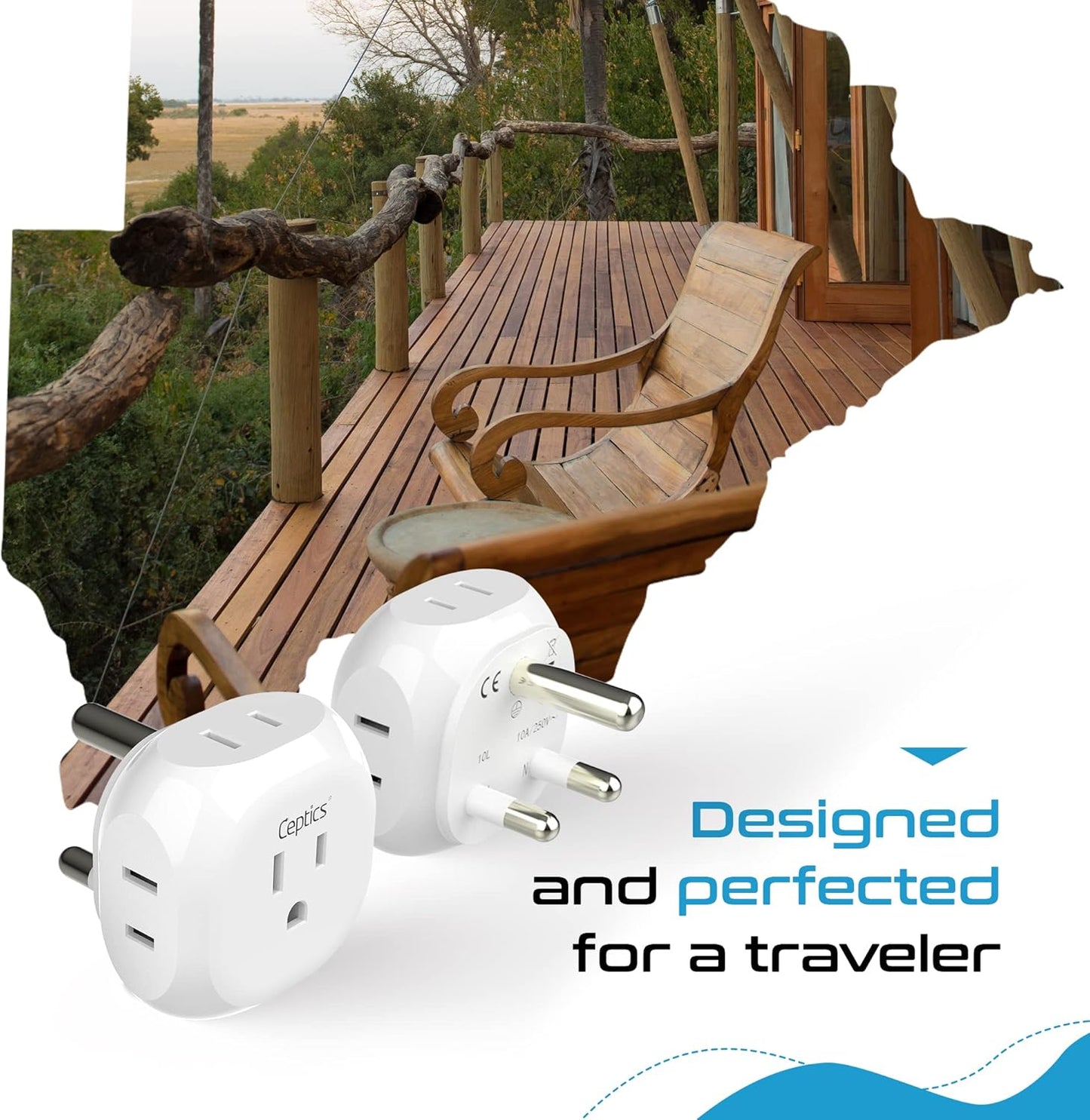 Ceptics South Africa Travel Plug Adapter South Africa Power Adapter Charger 4 Input - USA to Any Type M Countries Such as Botswana, Namibia and More - 2 Pack (PT-10L), White (PT-10L-2PK)