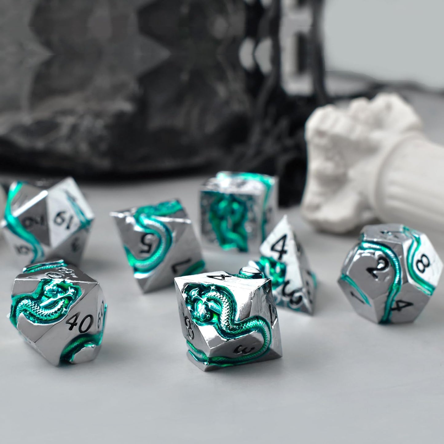 RULE DICE Metal DND Dice Set for Dungeons and Dragons - Polyhedral D&D Dice Set with Green Serpent Design - Balanced D&D Dice for RPGs, TTRPGs - Heavy Duty Zinc Alloy Construction 7 Dice Set