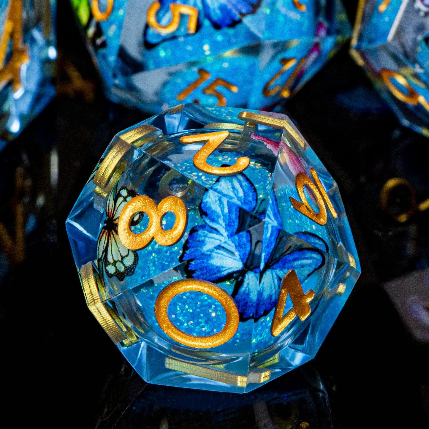 Butterfly DND Dice Blue Liquid Core Dice Set with Metal Box, Handmade Sharp Edge D and D Polyhedral Dice for use with D&D Role Playing Game, D20 D12 D10 D8 D6
