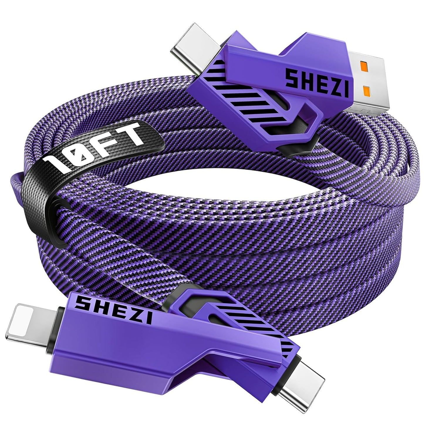 SHEZI [Upgraded 2.0] 4-in-1 Long USB C Cable 60W 10FT Fast Charging [480Mbps Data Sync] Flat Nylon Braided Charger Cord Combo, USB A/C to C/L Multi Charge Cable for iPhone/iPad & Most Devices, Purple