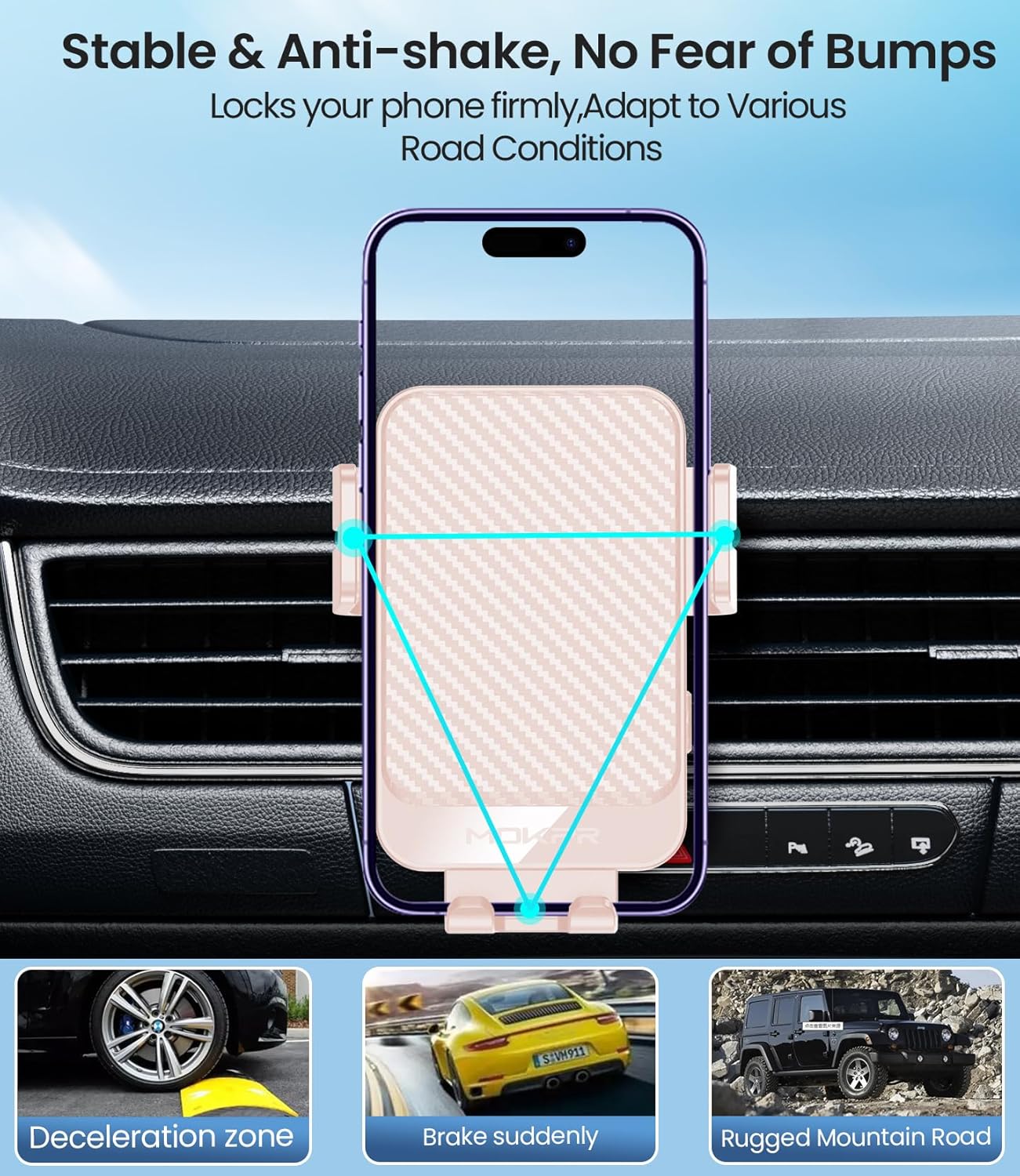 MOKPR Wireless Car Charger, 15W Fast Charging Auto-Clamping Car Mount Hands-Free Car Charger Mount for Dash Windshield Air Vent Compatible with iPhone 16 15/14/13/12, Samsung S23/S22/S21 Pink