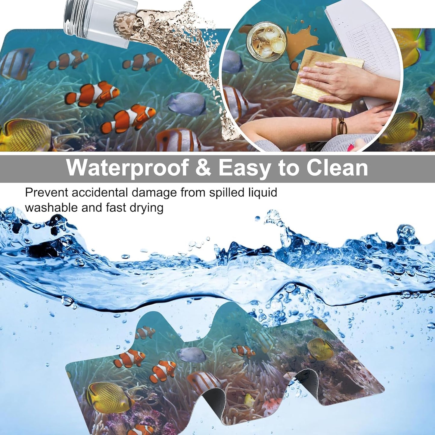 Vibrant Underwater World Desk Mat,Large Tropical Fishes on Coral Reefs Gaming Keyboard Mouse Pad,Non-Slip Rubber Base Desk Pad Thick Stitched Edges Waterproof Mousepad Mouse Mat 31.5"x11.8"