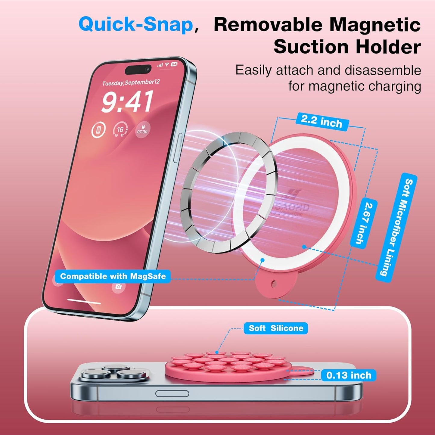 Magnetic Suction Cup Phone Mount for MagSafe Case, Silicone Hands-Free Grip Holder for iPhone and Android, Mirror Shower Phone Stand for Makeup FaceTime Gym Kitchen Bathroom, Camellia Red