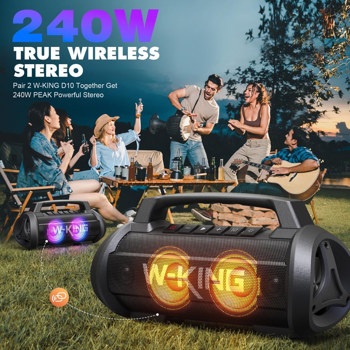 W-KING Portable Speakers Bluetooth Wireless, 120W Max Loudest Bluetooth Speaker, IPX6 Waterproof Outdoor Speaker with 70W Deep Bass/2*Subwoofer/DSP/EQ/42H/LED/MAC-in/Power Bank, Large Party Boombox