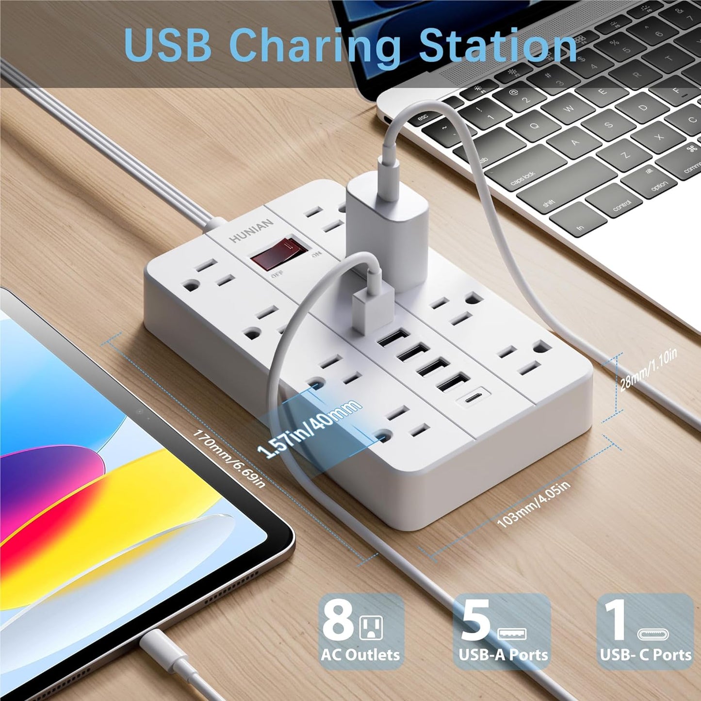 10 Ft Long Extension Cord,Power Strip Surge Protector HUNIAN Flat Plug with 8 Widely Spaced Outlets 6 USB(1 USB C Port), Wall Mount Charging Station for Home and Office,White