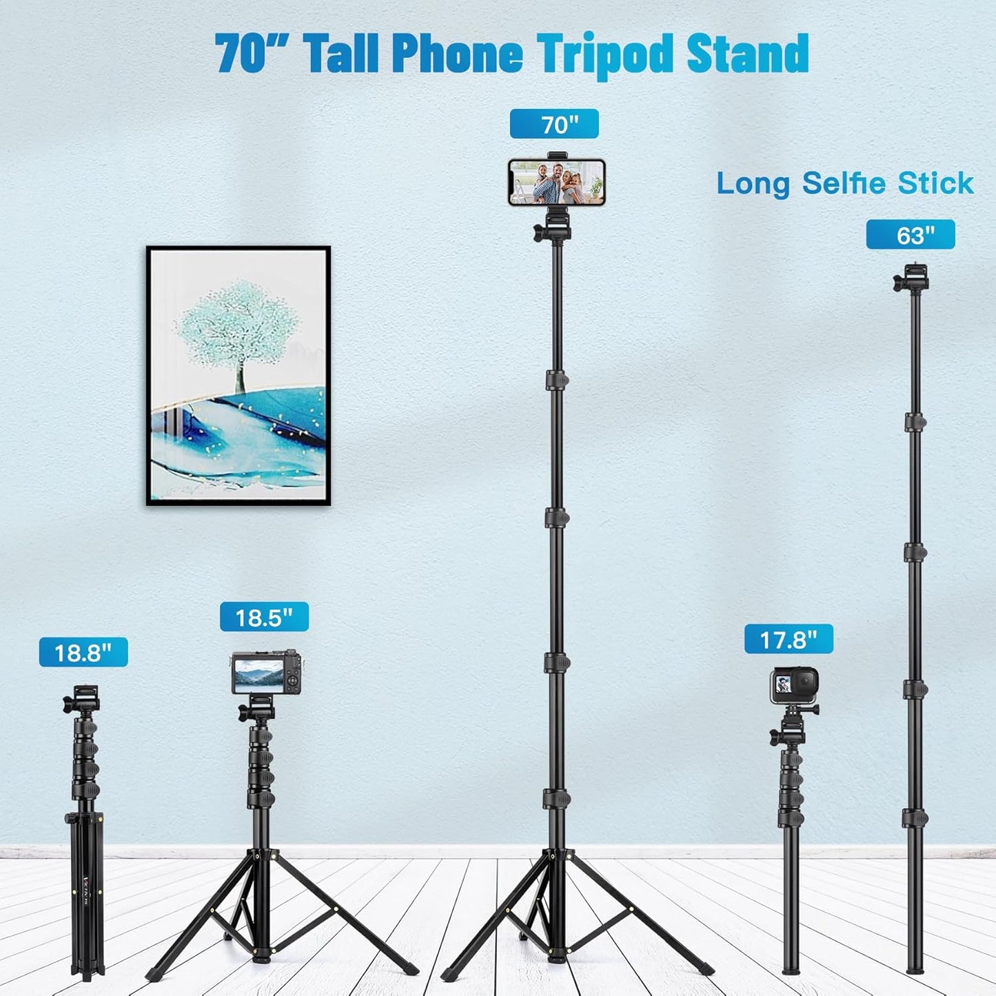 Victiv 70" Phone Tripod, Camera Stand Tripod with Remote and Phone Holder, Sturdy & Stable, Height Adjustable Selfie Stick Mode, Perfect for Selfies/Recording/Vlogging/Live Streaming