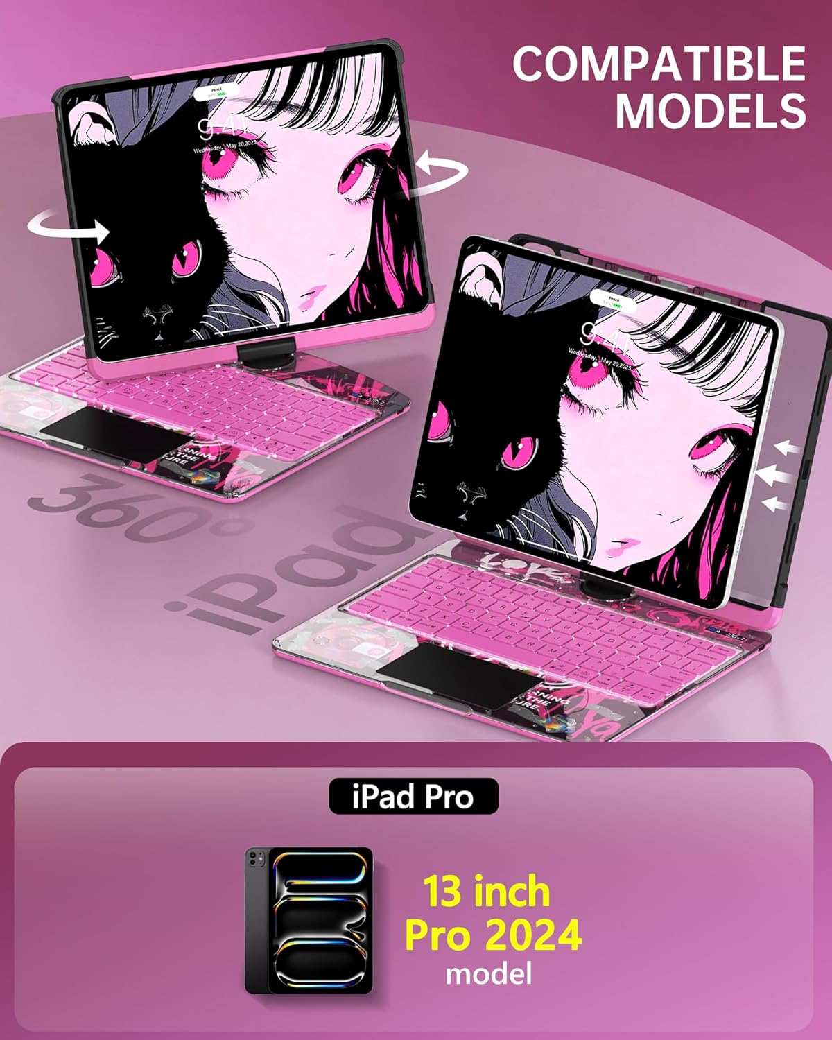 Intermerge Clear Keyboard Case for iPad Pro 13" (M4) 2024 Only, 360° Swivel Multi-Touch Trackpad, 7-Color RGB Backlit, Pencil Holder, Type-C, Power Indicator, Blush Pulse