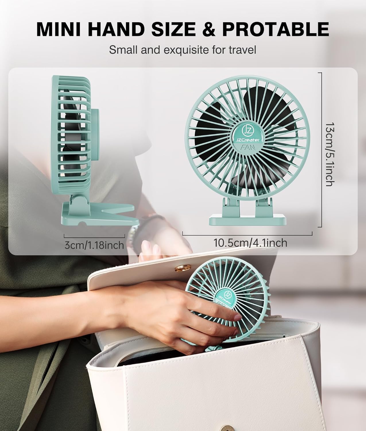 JZCreater USB Desk Fan, Mini Fan Portable, 3 Speeds Desktop Table Cooling Fan, Plug in Power Fan, Rotation Strong Wind, Quiet Personal Small Fan for Home Desktop Office Travel Bedroom, Apple Green