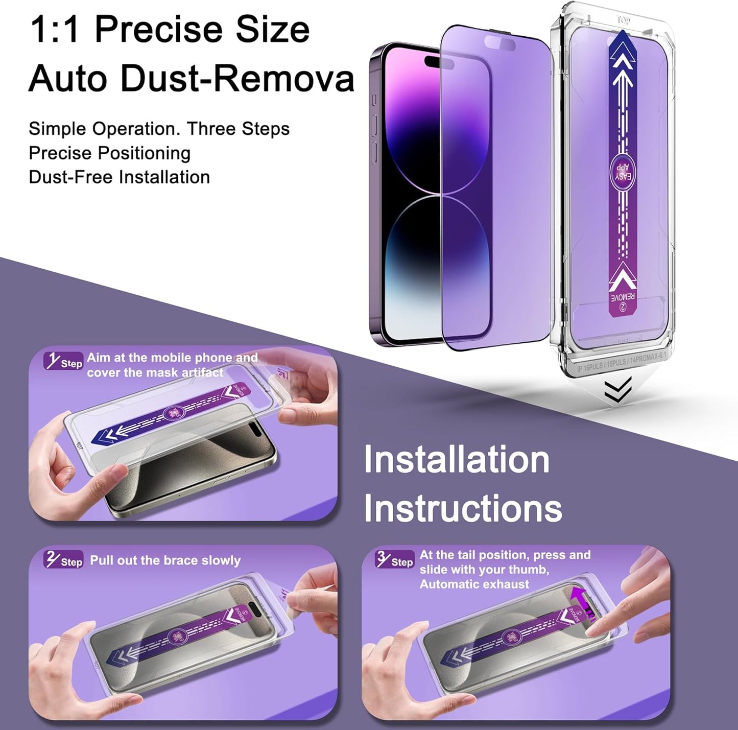 2 Pack Anti Blue Light Matte Screen Protector for iPhone 14 Pro Max/iPhone 15 Plus/iPhone 16 Plus, 9H Tempered Glass, Full Cover, Anti-Fingerprint, Auto Dust-Elimination, No Bubble, Easy Installation