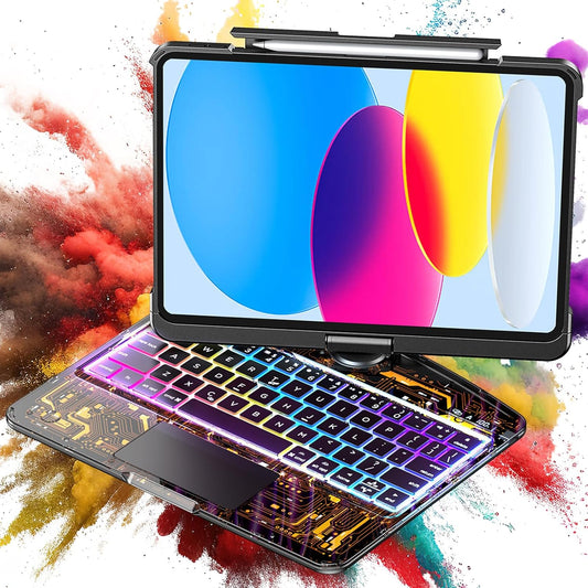 SIBEITU Keyboard Case for iPad A16 11th Gen 11" 2025 & 10th Gen 10.9" 2022, Clear Wireless Keyboard Protective Cover with Multi-Touch Trackpad, 7-Color Backlight & 3-Brightness, 360 Rotatable, Black