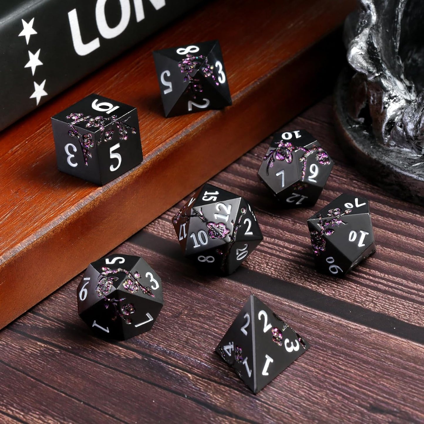 Glitter Purple Metal D&D Dice, DNDND 7 PCS Flower Metallic DND Dice Set with Gorgeous Gift Case for Dungeons and Dragon Tabletop Game (Matte Black with Glitter Purple Flower)