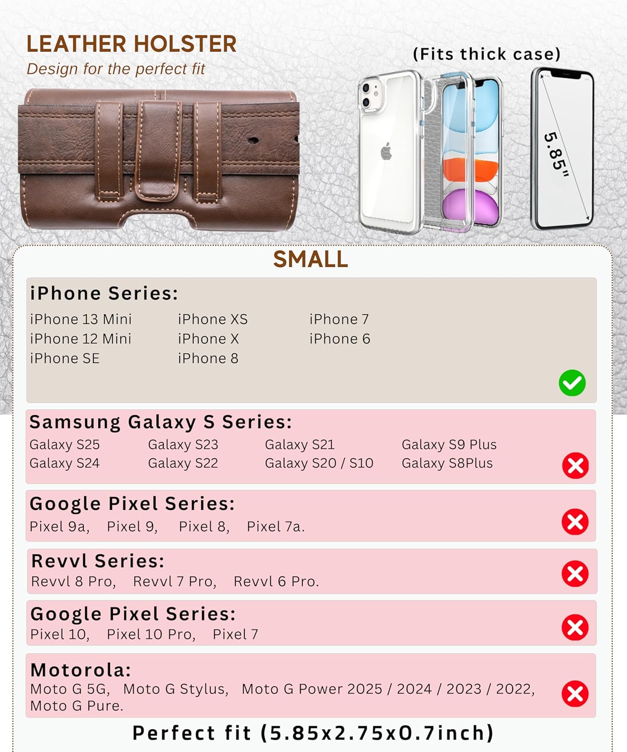 Leather Phone Holster for Men & Women, Horizontal Cell Phone Case, Fits iPhone 13/12 Mini, SE, Xs/X, 8, 6s - Belt Clip/Loop Carrying Phone Pouch Holder, Brown Small