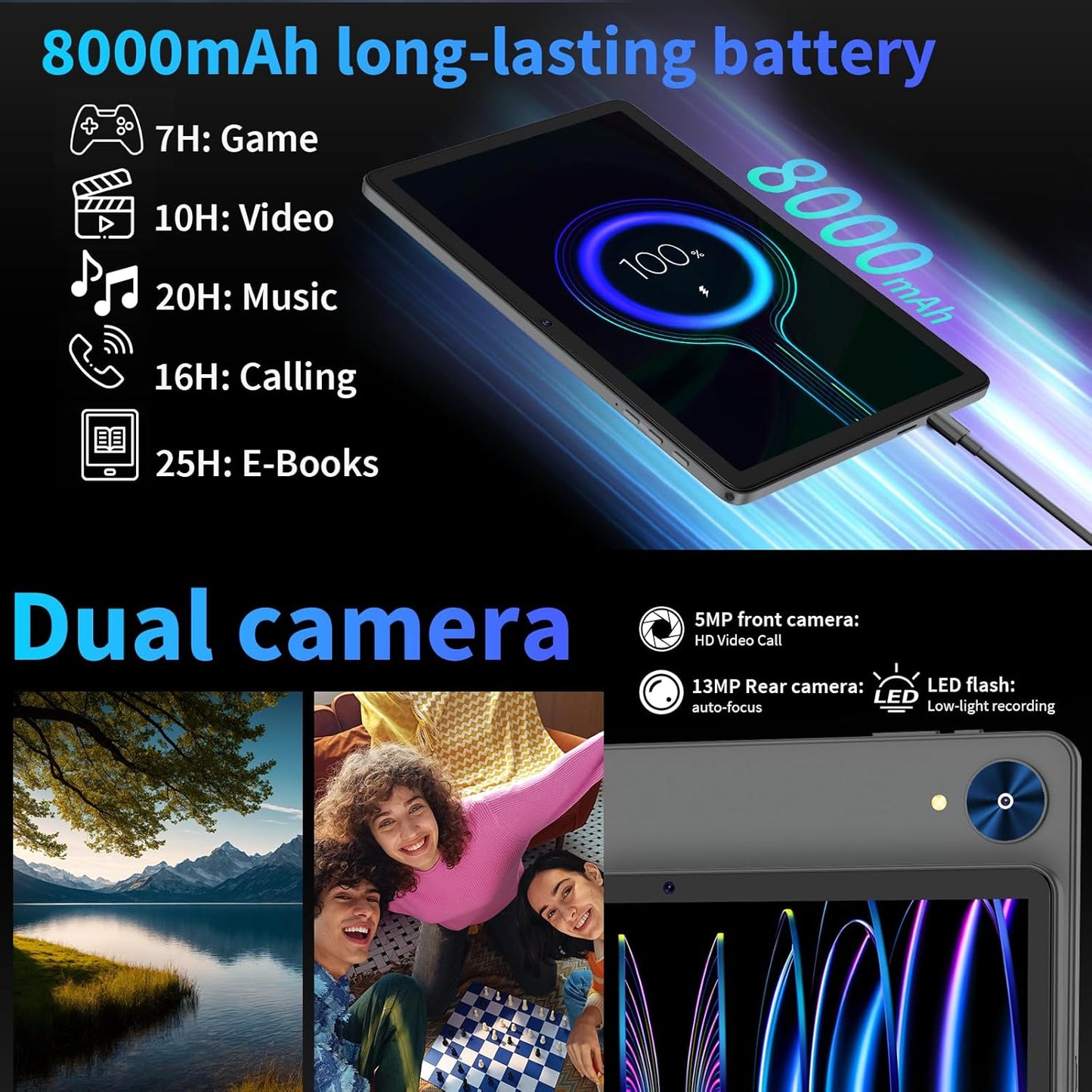 Android 15 Tablet with Keyboard, 26GB+256GB(2TB Expand), 10.1 Inch Tablet 8000 mAh Battery, BT 5.0, 5G WiFi, Widevine L1, Dual Camera, 2 in 1 Tab with Mouse, Case, Stylus（Silver）