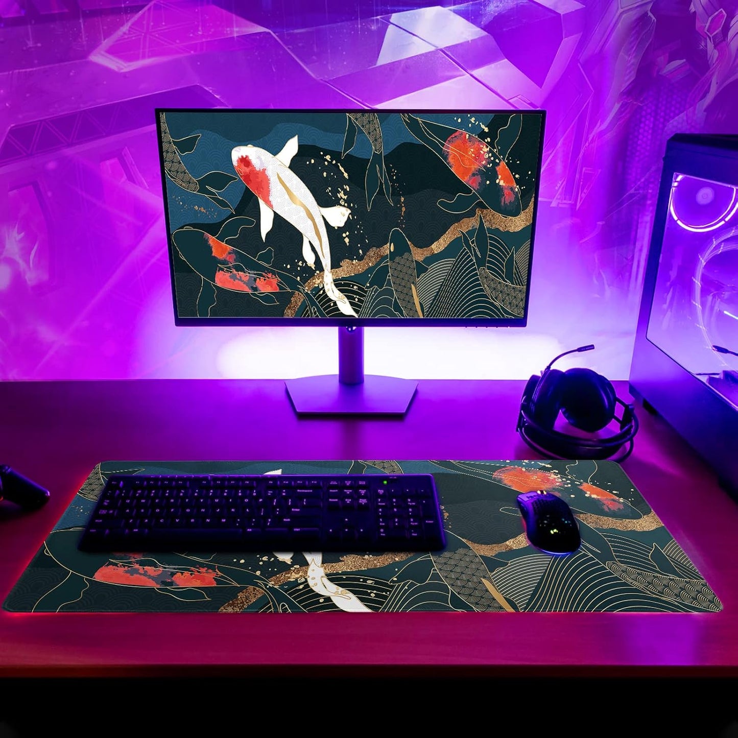 Fish Art Mouse Pad 31.5x11.8 Inch Japanese Gaming Full Desk Mousepad Extended Large Non-Slip Rubber Base Waterproof Big Keyboard Mat with Stitched Edges for Home Gaming and Office