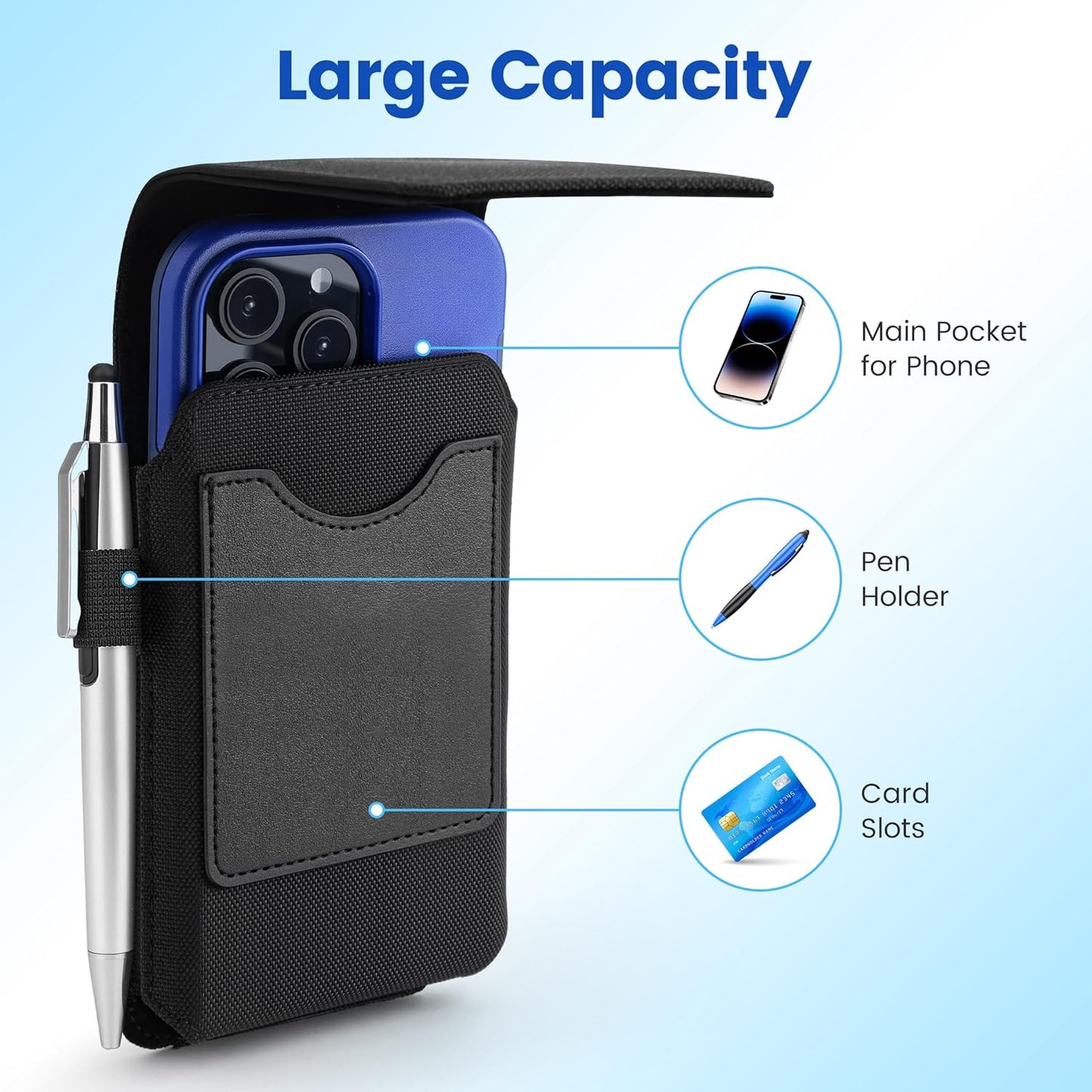 Mopaclle Nylon Cell Phone Holster for Belt, Compatible with iPhone 17 Pro Max/Air,iPhone 16 Pro Max,15 Pro Max, Galaxy S25 Plus, S24 Plus – Fits with Case On, Ideal Belt Holder for Technicians