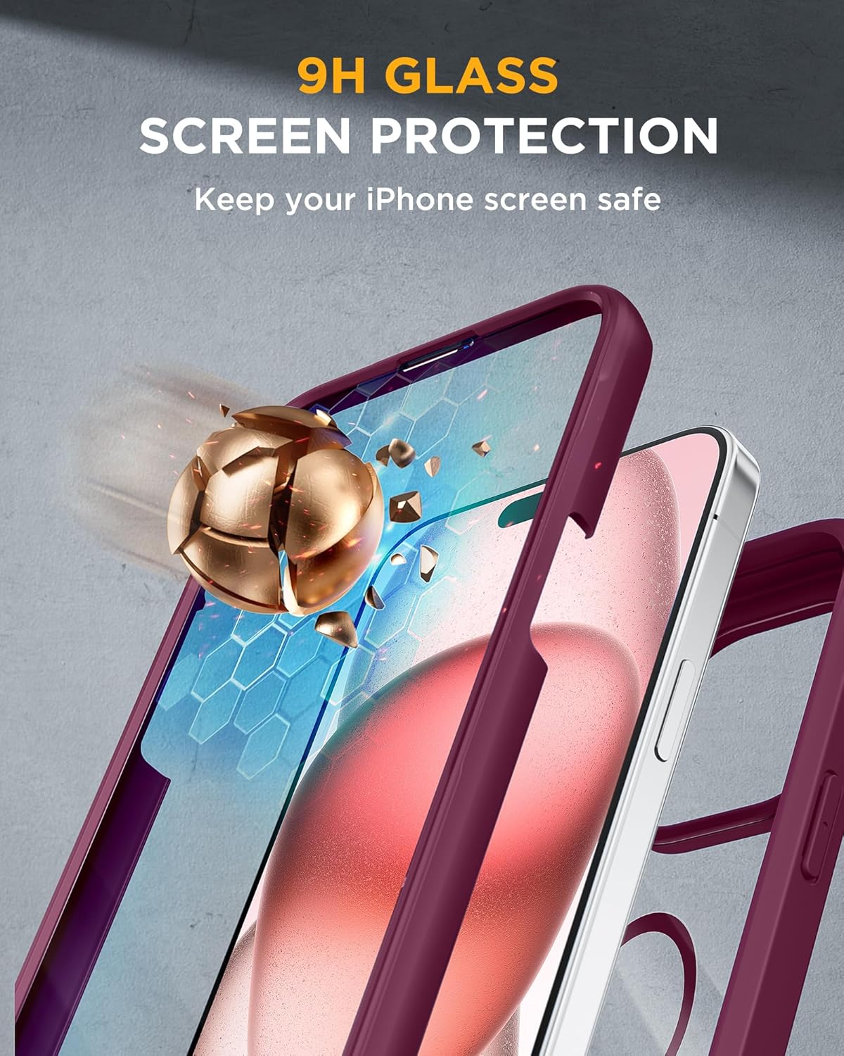 Miracase Glass Series for iPhone 15 Case [Compatible with MagSafe] Full-Body Magnetic Case with Built-in 9H Tempered Glass Anti-Fingerprint Screen Protector + Camera Lens Protector, Wine Red