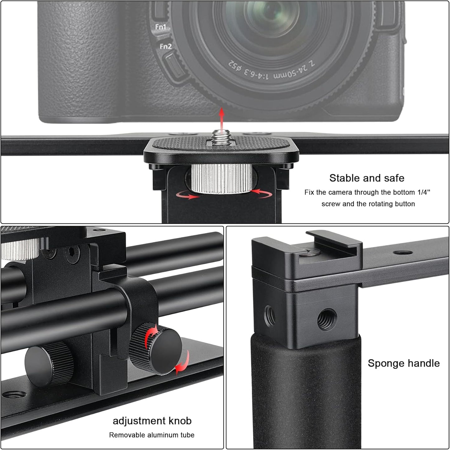 Universal Aluminum Alloy DSLR Mirrorless Camera Camcorder Stabilizer Extension Cage Mount for Mic Monitor Light, Movie Making Rig YouTube Tiktok Vlogging Video Kit w/Phone Holder for Canon Sony Nikon