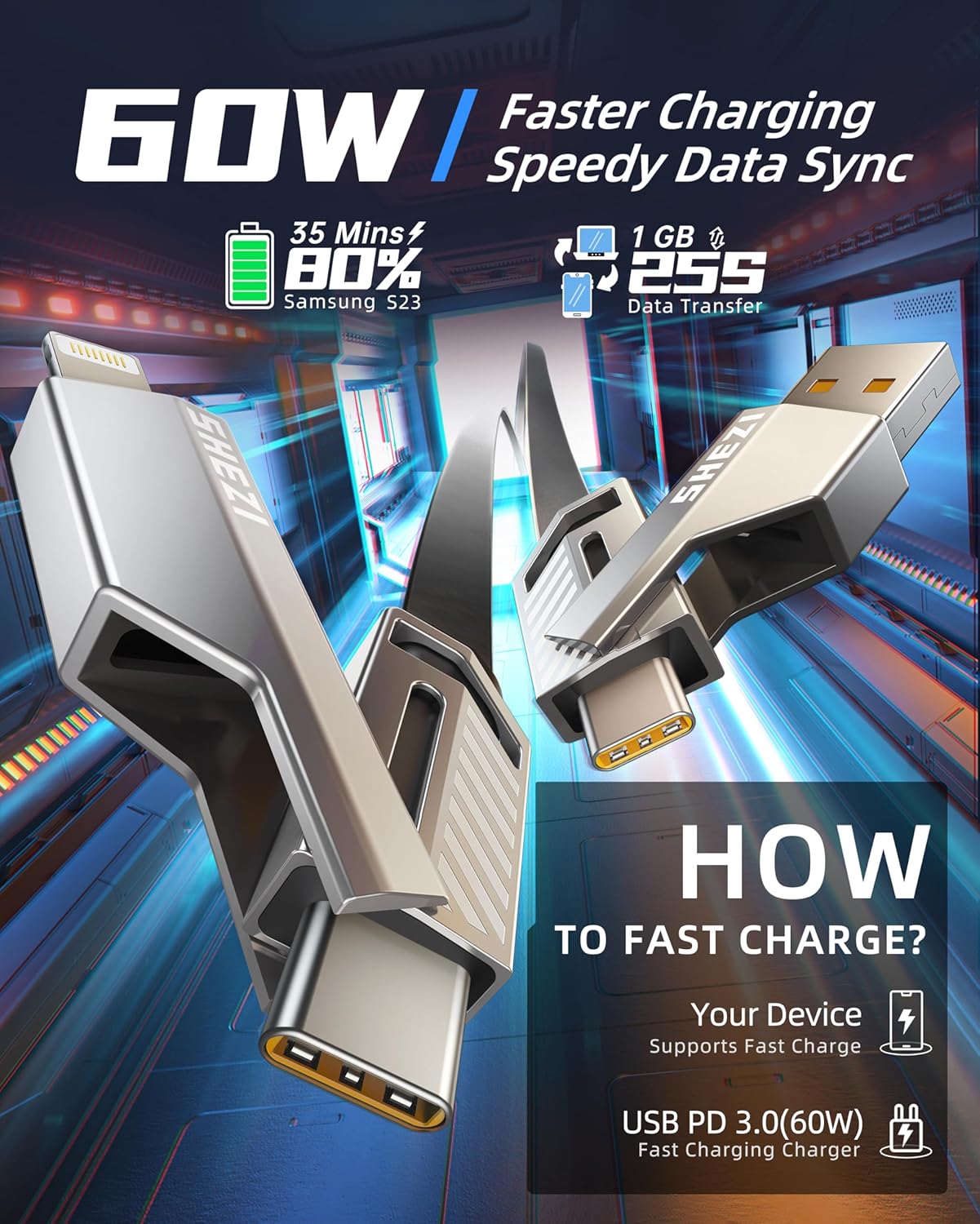 [ Retractable] 4-in-1 Compatible with USB C to Lightning Cable, 60W High-Speed Charging & Fast Data Transfer,CarPlay & Android Auto Support Multi Charger Cord Combo for iPhone/Samsung/iPad,3FT