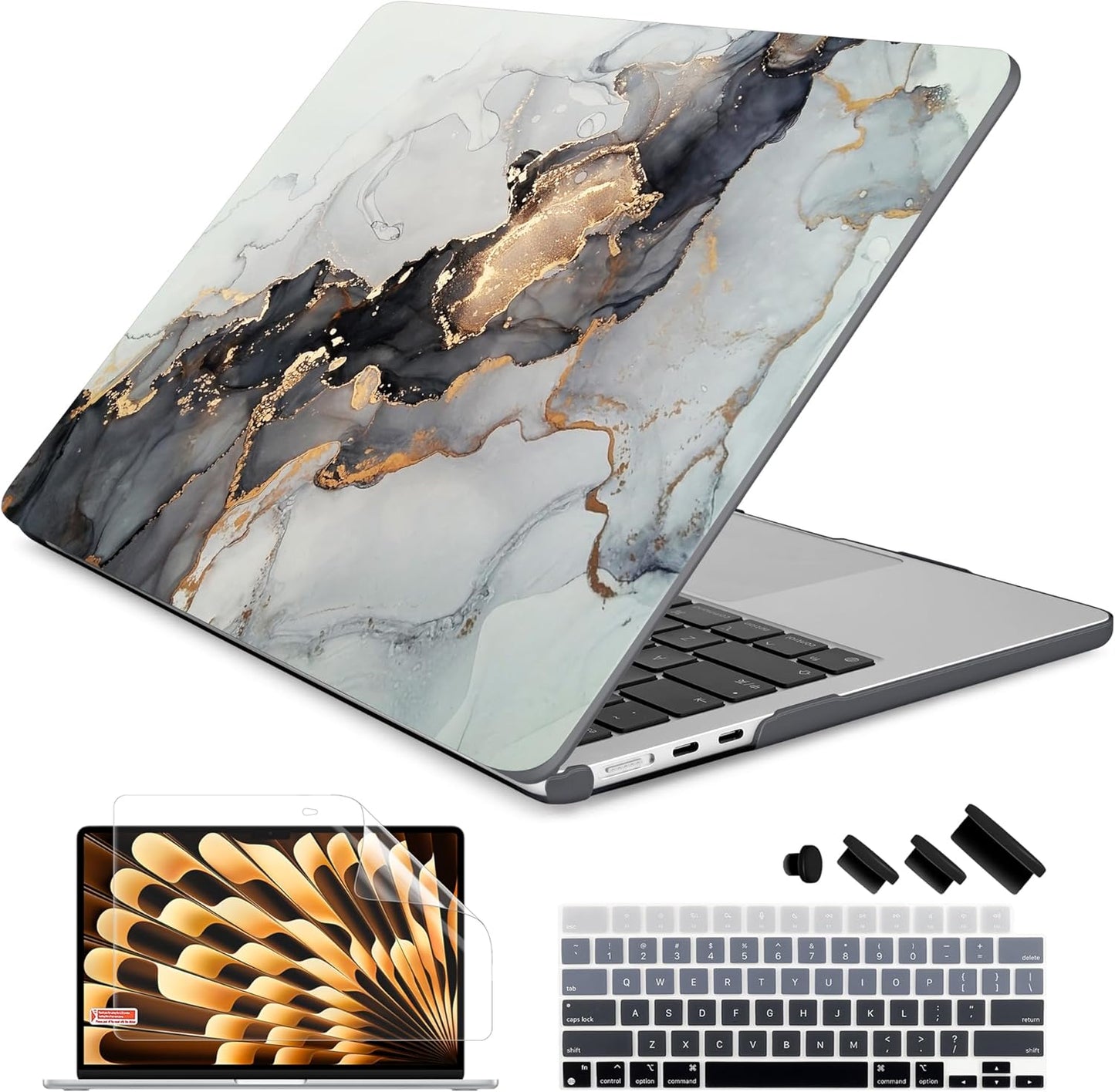 Batianda Premium Case for New MacBook Air 15 inch 2025 M4 2024 2023 with M3 M2 Chip Model A3114 A2941, Designed Protective Plastic Hardshell & Keyboard Cover & Screen Protector, Gold Fluid Art
