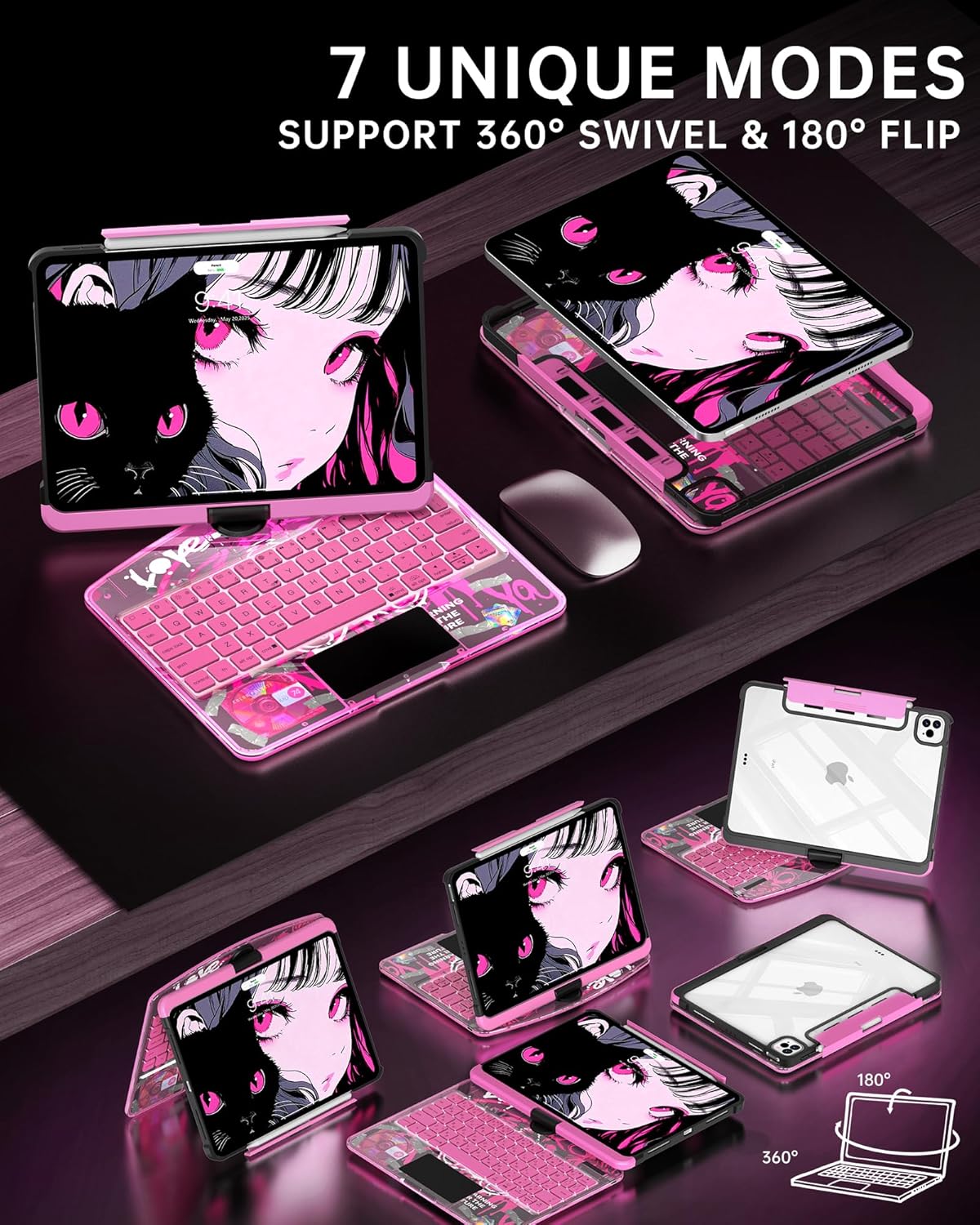 Intermerge Clear Keyboard Case for iPad Pro 13" (M4) 2024 Only, 360° Swivel Multi-Touch Trackpad, 7-Color RGB Backlit, Pencil Holder, Type-C, Power Indicator, Blush Pulse