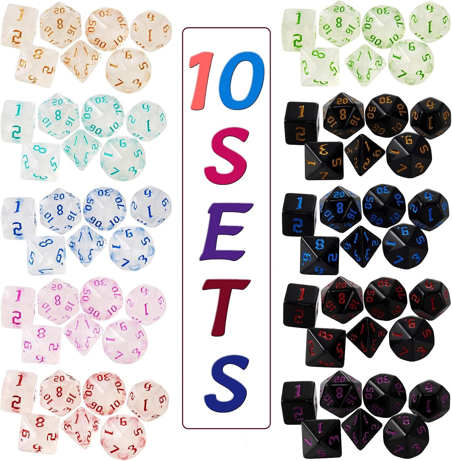 DND Dice, 10 X 7 (70 Pieces) Polyhedral Dice Set for Dungeons and Dragons DND RPG MTG Table Games D4 D6 D8 D10 D% D12 D20 with 10 Pack Black Bags