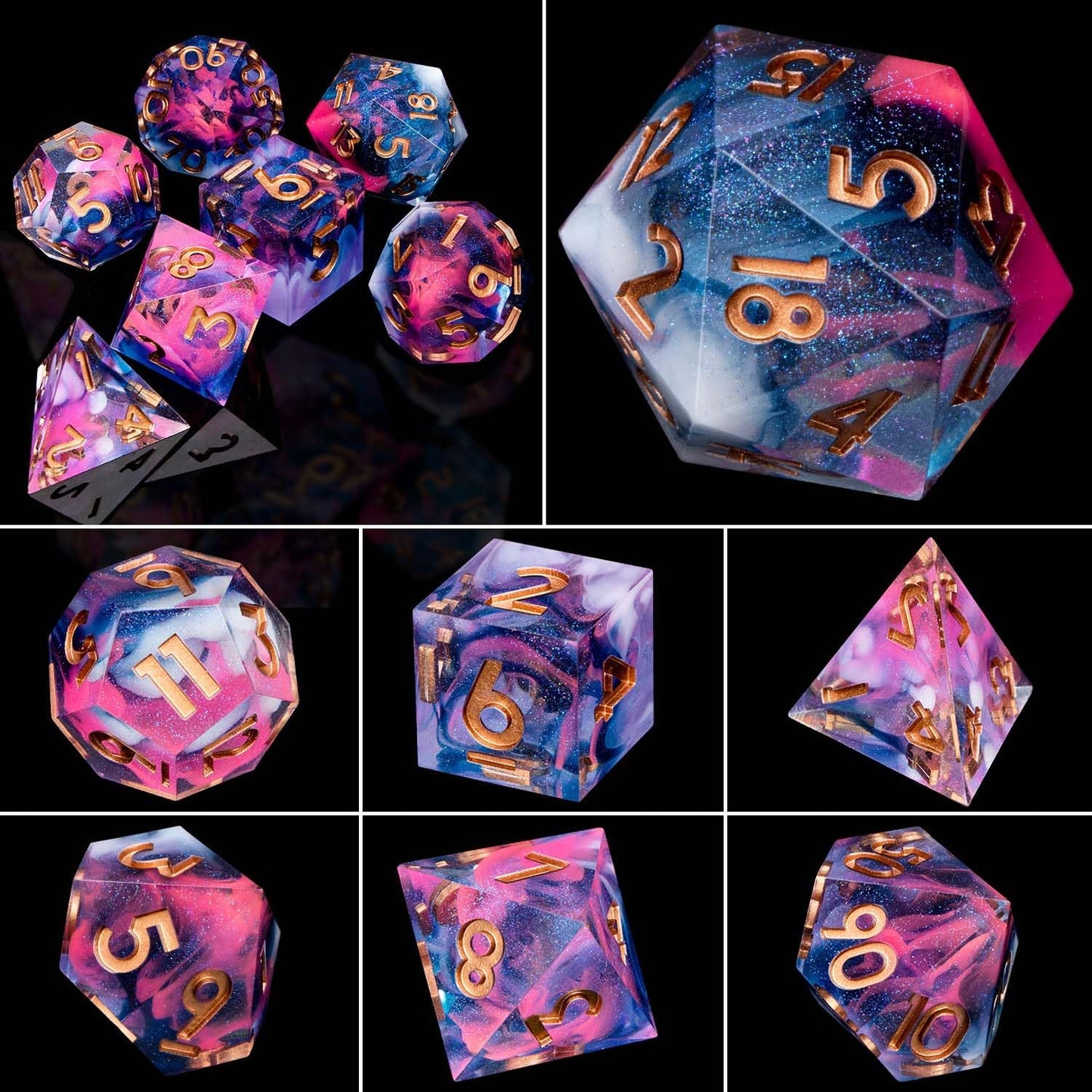 ARUOHHA Sharp Edges Dice Set DND Resin Lightning Dice with Box, Blue Purple Polyhedral Dragons Dice RPG Role Playing Games, Dungeons D and D Dice Set D20 D12 D10 D8 D6 D4