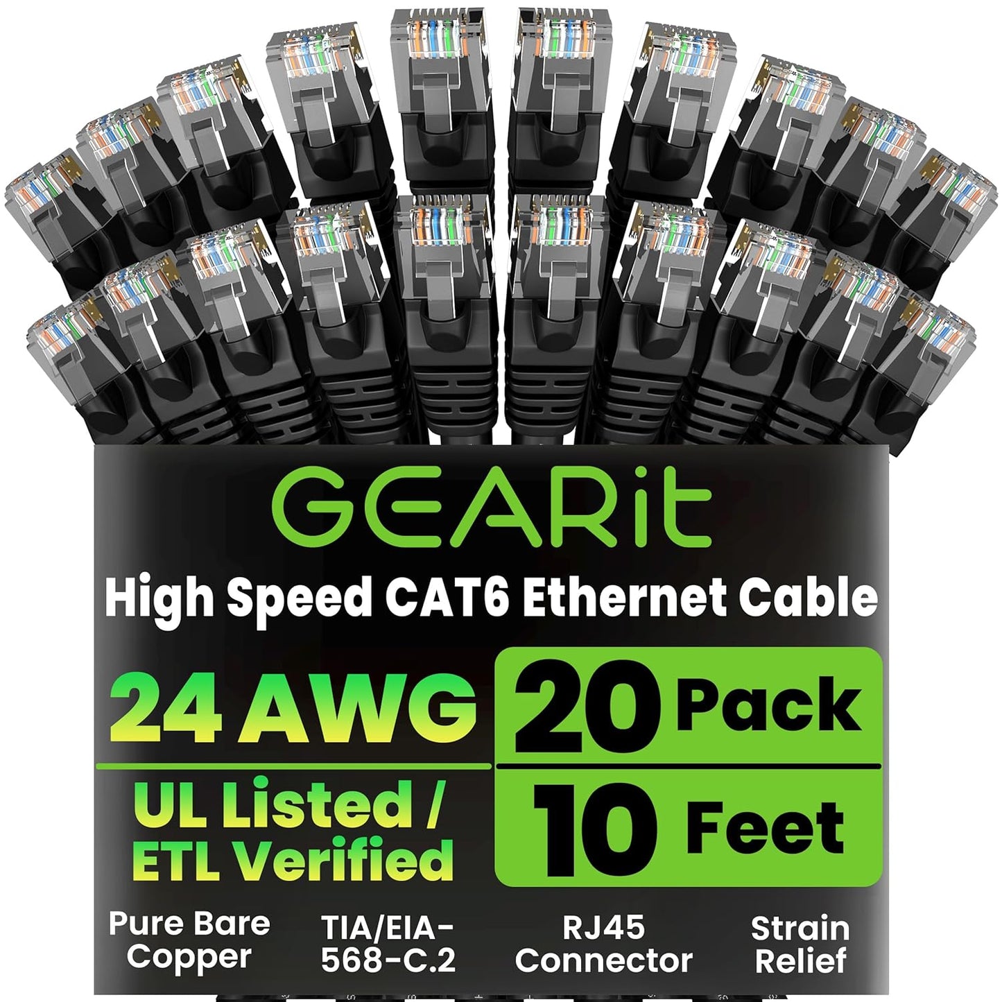 GearIT Cat 6 Ethernet Cable Pack - 20-Pack 10 ft Cat6 Ethernet Patch Cables | RJ45 Network Patch Cable, 10 Gbps Snagless Gold-Plated Connectors - Ethernet Cable Cat 6 for PC, TV, Router - Black