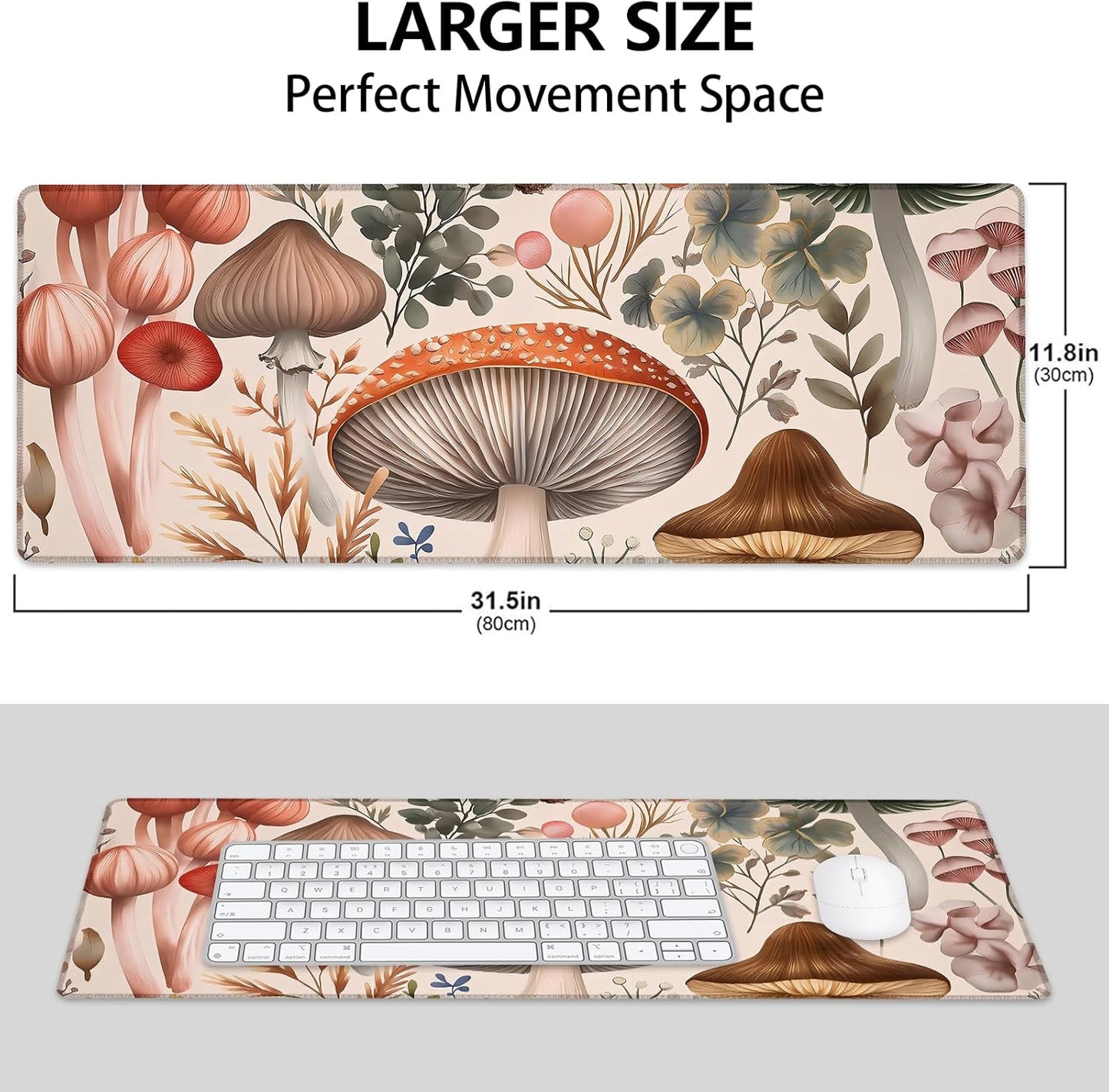 Botanical Mushroom Large Mouse Pad, Gaming Mouse Pad, Keyboard Mat, Non-Slip Rubber Base, Office Accessories, Desk Mat, MousePads for School, Work, Home Decor Gifts 31.5" x 11.8"