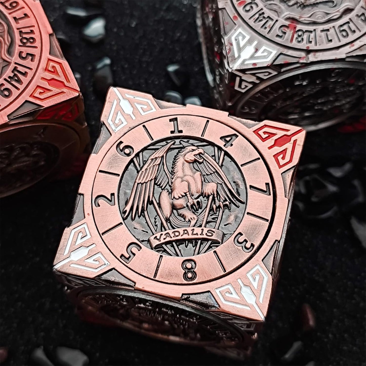 Spinner Dice 7-in-1 Metal DND Set – Premium Copper RPG Dice with 3D Monster Reliefs, Gyro Spinner & Collector’s Box for D&D,Classic Bronze Color