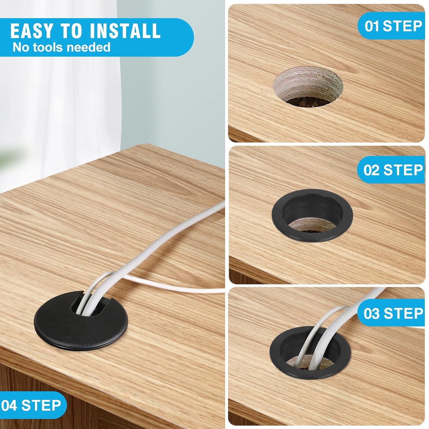 2" Black Desk Grommet, JTemgle Plastic Cable Hole Cover Computer Table Cord Wire Organizer Caps Desktop Cord Management for Home Office TV Stands Tabletops, 5 Pieces