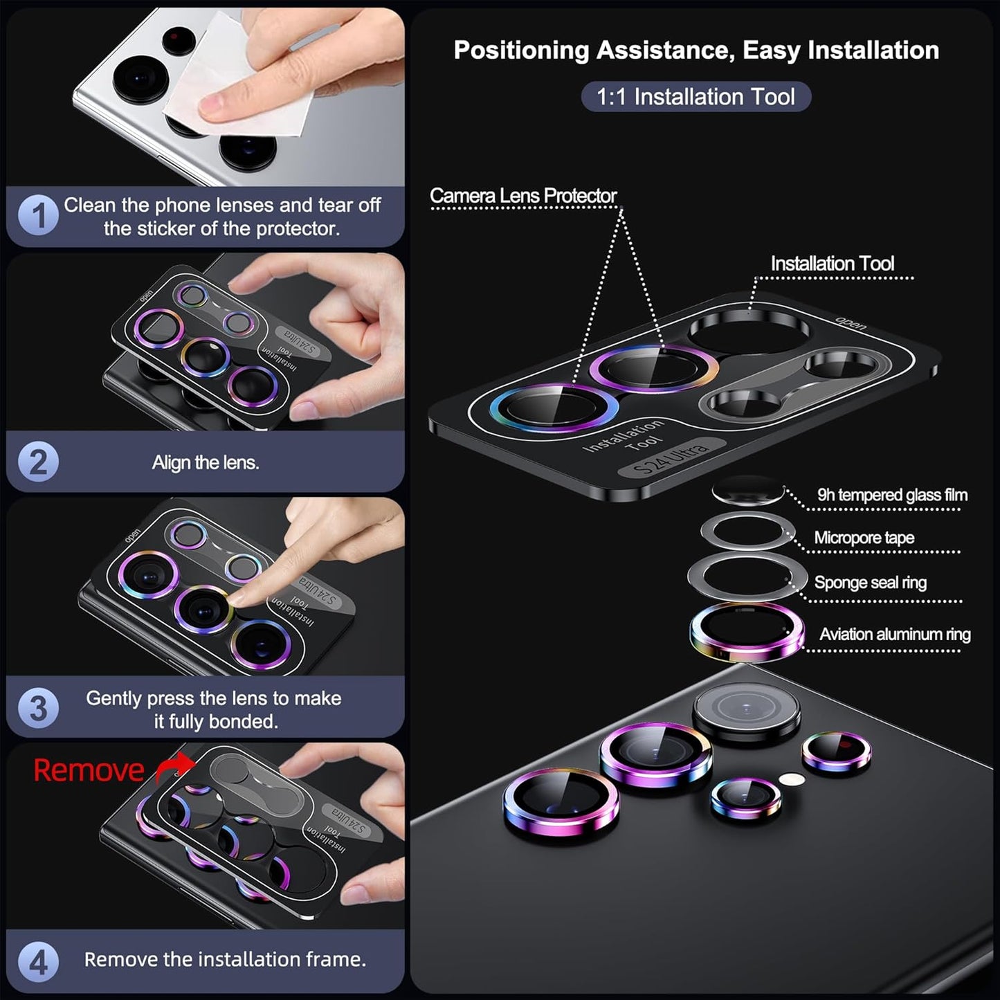 WSKEN for Samsung Galaxy S24 Ultra Camera Lens Protector, Ultra Thin Scratch Resistant 9H Tempered Glass with Aluminum Metal Circle Camera Screen Protector Cover Accessories, Colorful