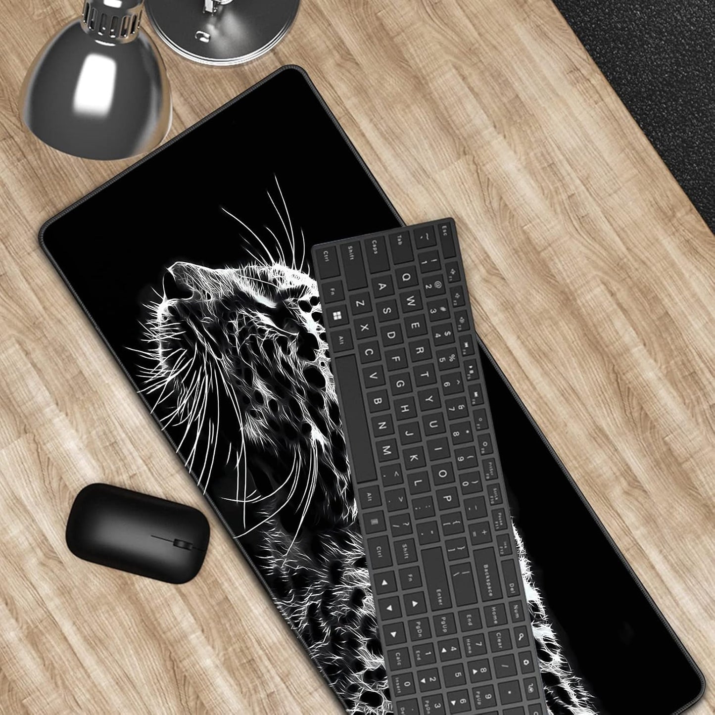 Black and White Gaming Mouse Pad 31.5 x 11.8 Inch Extended Large Mouse Pad with Non-Slip Base and Stitched Edges for Gamer Home Office, Black Leopard