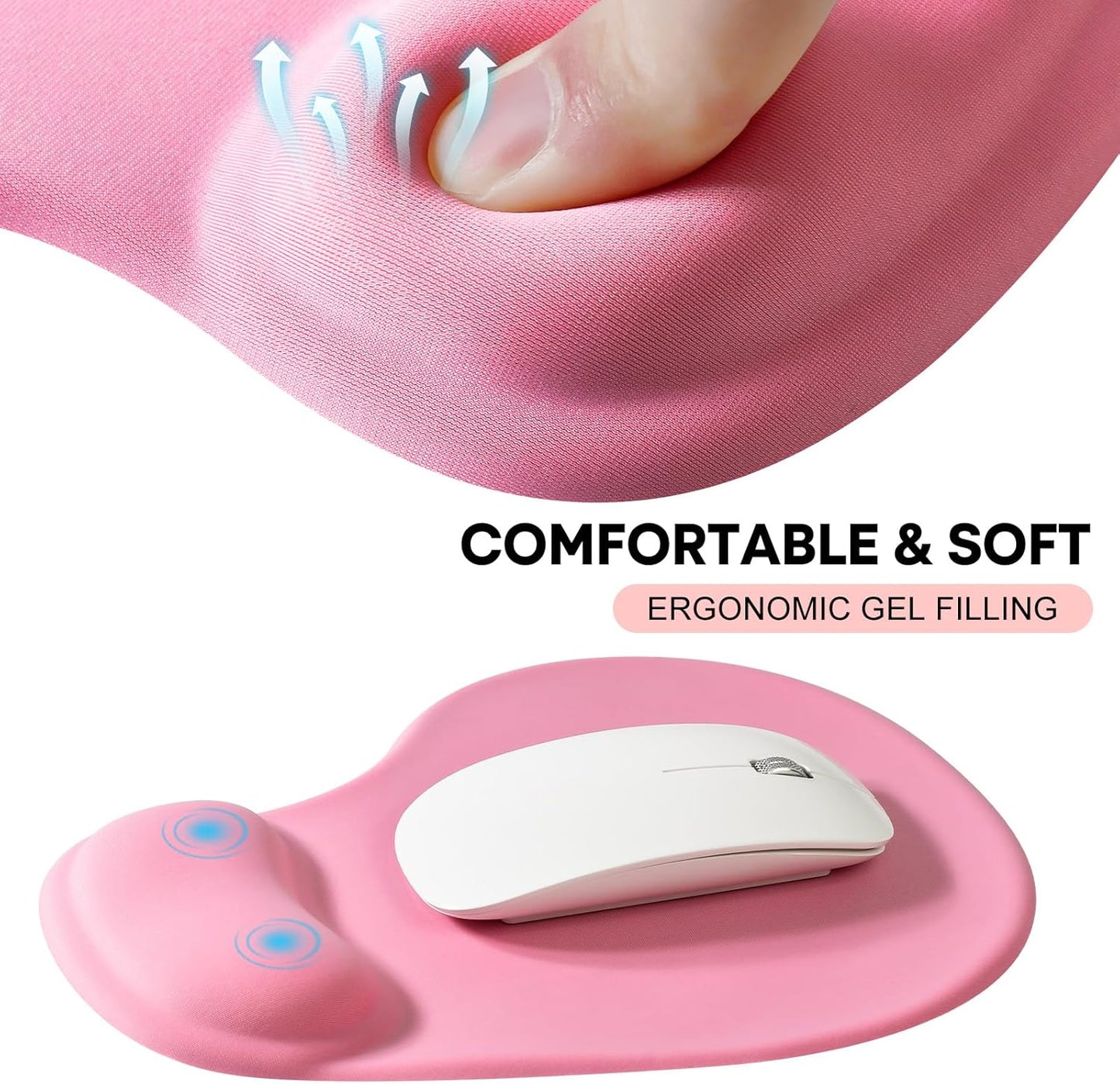 JIKIOU Mouse Pad, 2 Pack Ergonomic Mouse Pads with Comfortable Gel Wrist Rest Support and Smooth Cloth, Non-Slip PU Base for Easy Typing Pain Relief Durable and Easy to Clean Small Pink