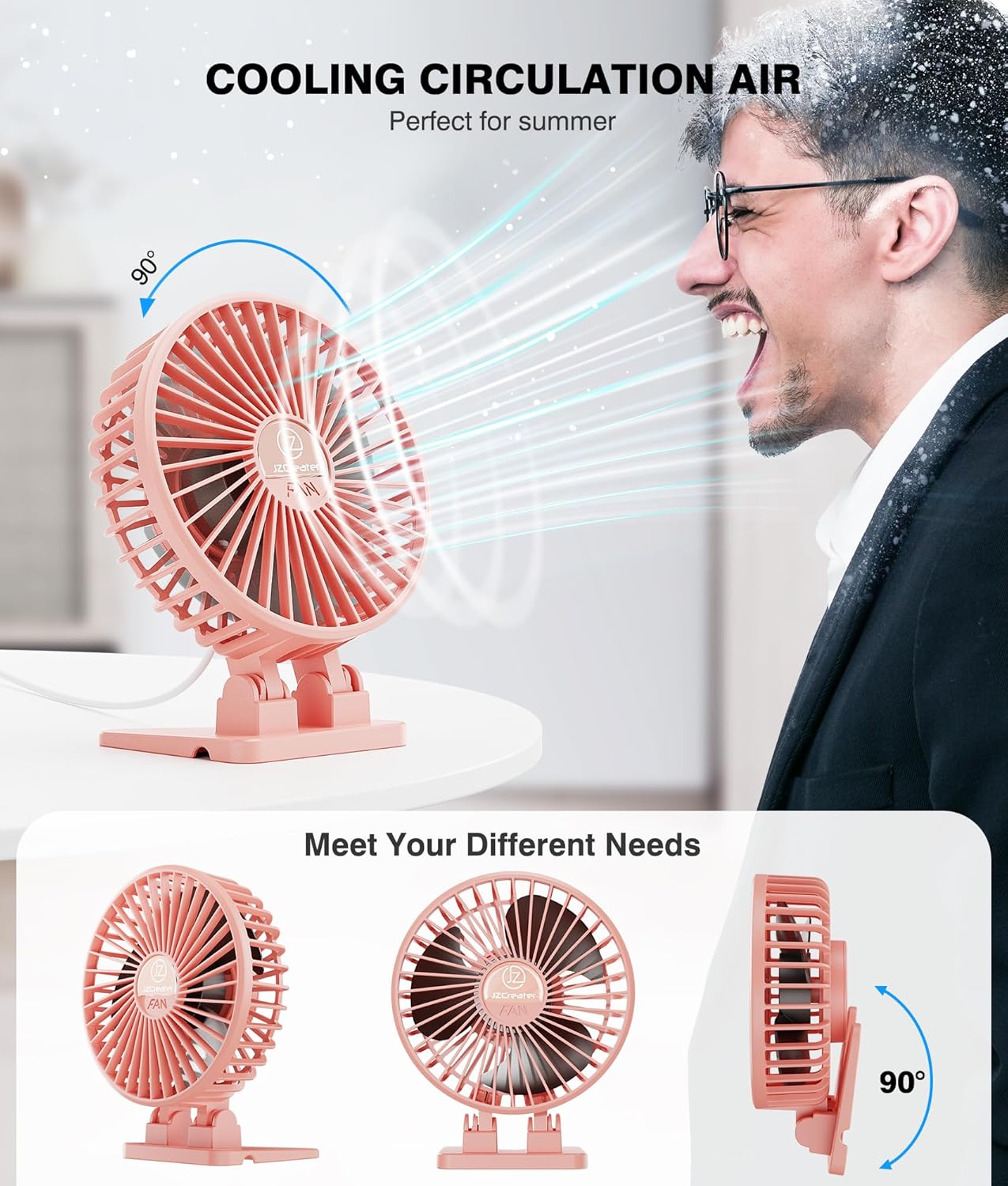 JZCreater USB Desk Fan, Portable Mini Fan, 3 Speeds Desktop Table Cooling, Plug in Power, Rotation Strong Wind, Quiet Personal Small Fan for Home Desktop Office Travel Bedroom, Pink
