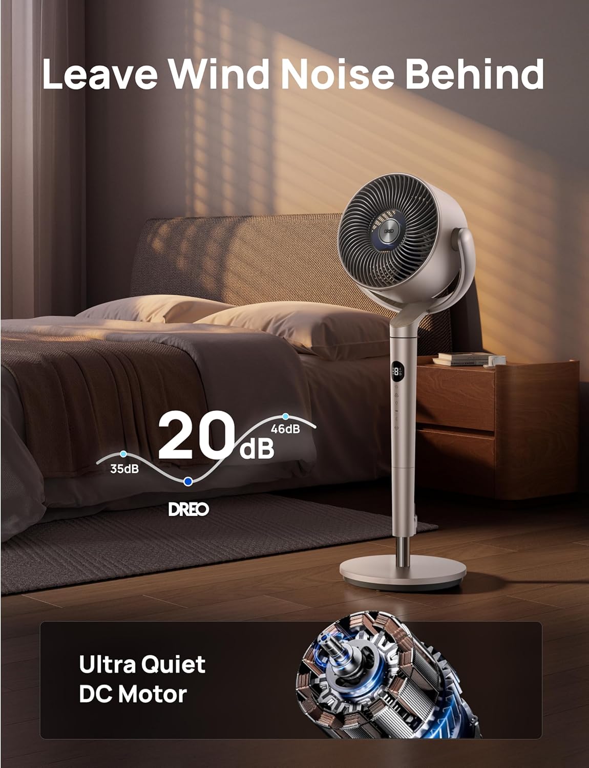 Dreo Smart Fans for Bedroom, 120° +120° Omni-Directional Oscillating Fan, 90ft Quiet Pedestal Fan with RGB Light, 9 Speeds, 6 Modes, 20dB, 8H Timer, Wi-Fi/Voice, 37-42" Floor Fans, Starlight