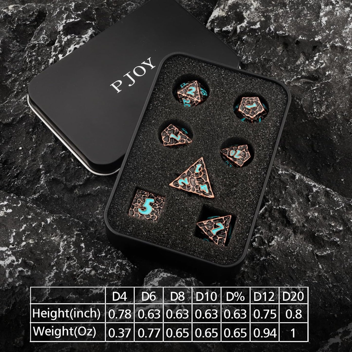 PJOY Metal D&D Dice Set for Dungeons and Dragons Dice with Case Meteorite Copper Blue Numbers 16mm 7PCS Role Playing Cool Dice DND Gifts for Players DM Game Masters