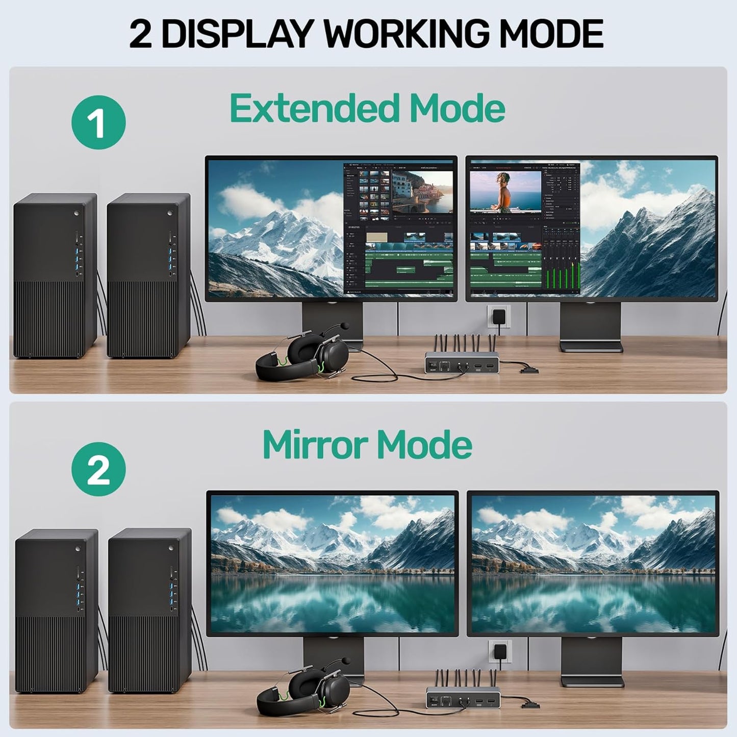 HDMI Displayport KVM Switch, 2 Computers 2 Monitors 4K@60Hz KVM Switcher Dual Monitor for 2 PC, 3 USB 3.0 Ports Support Extended/Mirror Mode with Desktop Controller&2 USB Cables&Power Adapter