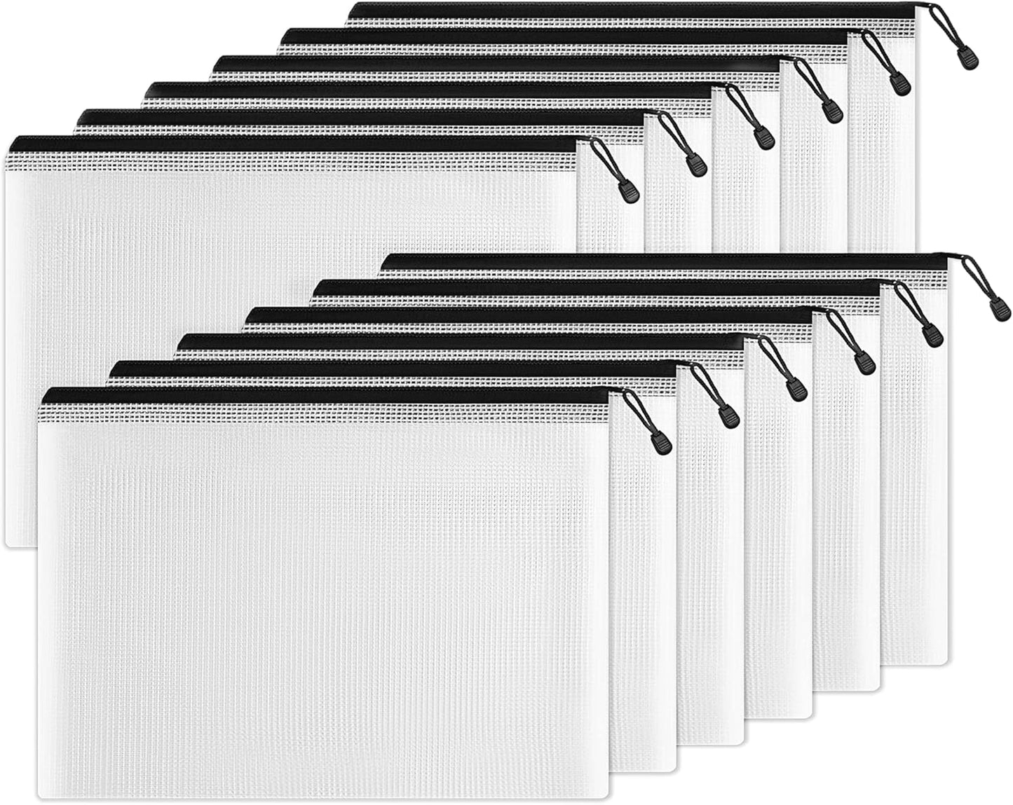 SUNEE Plastic Mesh Zipper Pouch 11x16 in (Black, 12 Packs) Extra Large Zip File Bags for Office Supplies, Cosmetics, Travel Storage, Bills, Accessories, Puzzles & Games Organizing Storage