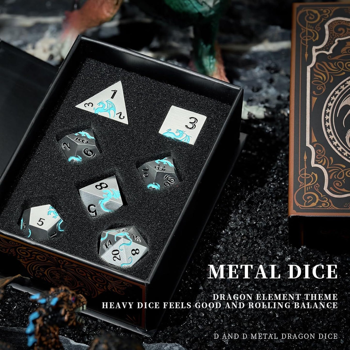 Blue Dragon Metal DND Dice Set,HNCCESG Cool D&D Dice Set of 7 Piece,Dungeons and Dragon Gift Dice, Role Playing Dice for D&D Table Games（(Matte Silver Blue2 Dragon)