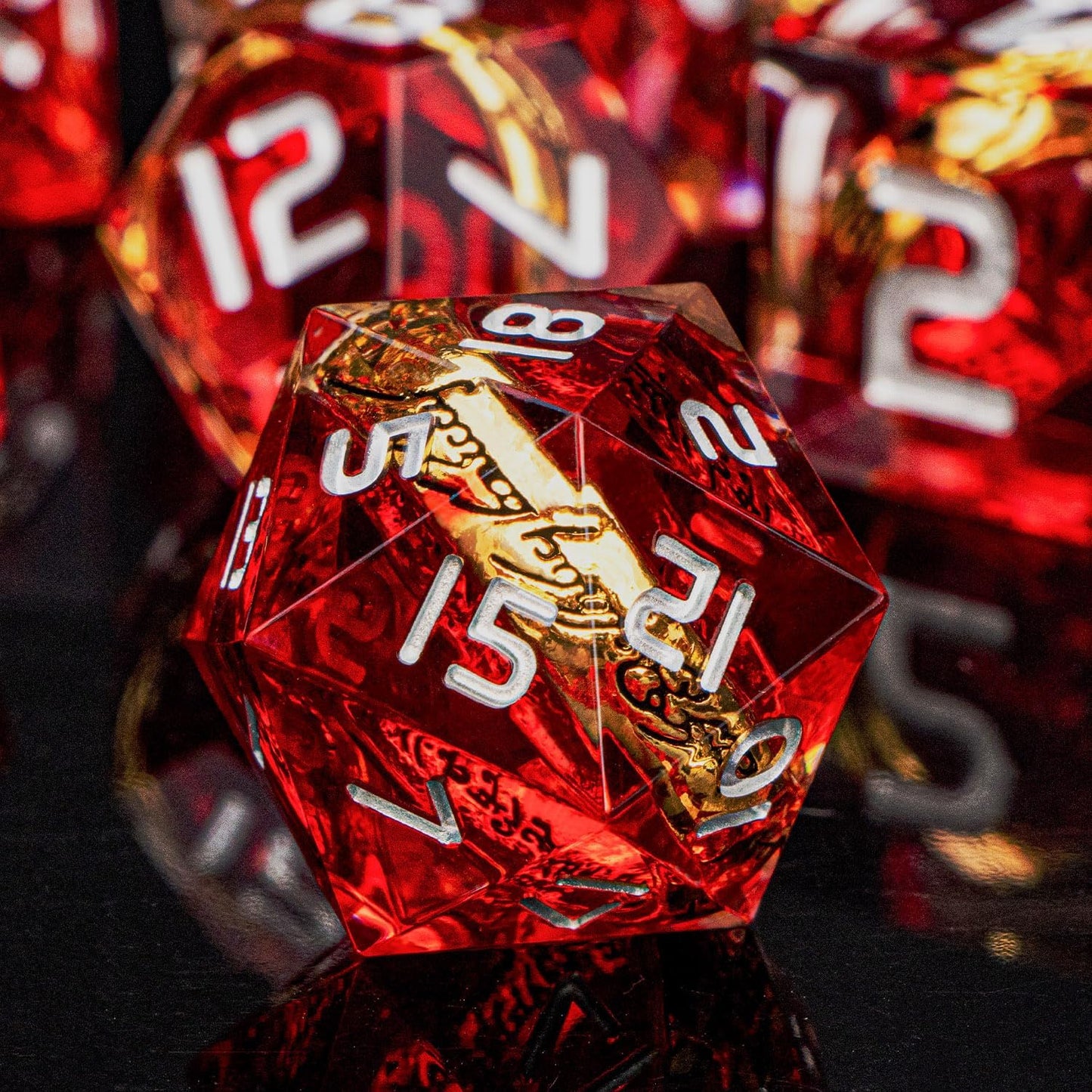 Magic Golden Ring DND Dice Set Sharp Edge Red Resin Dice with Box, for Use with D&D RPG Role Playing Games, Lord D and D Polyhedral Dice Set