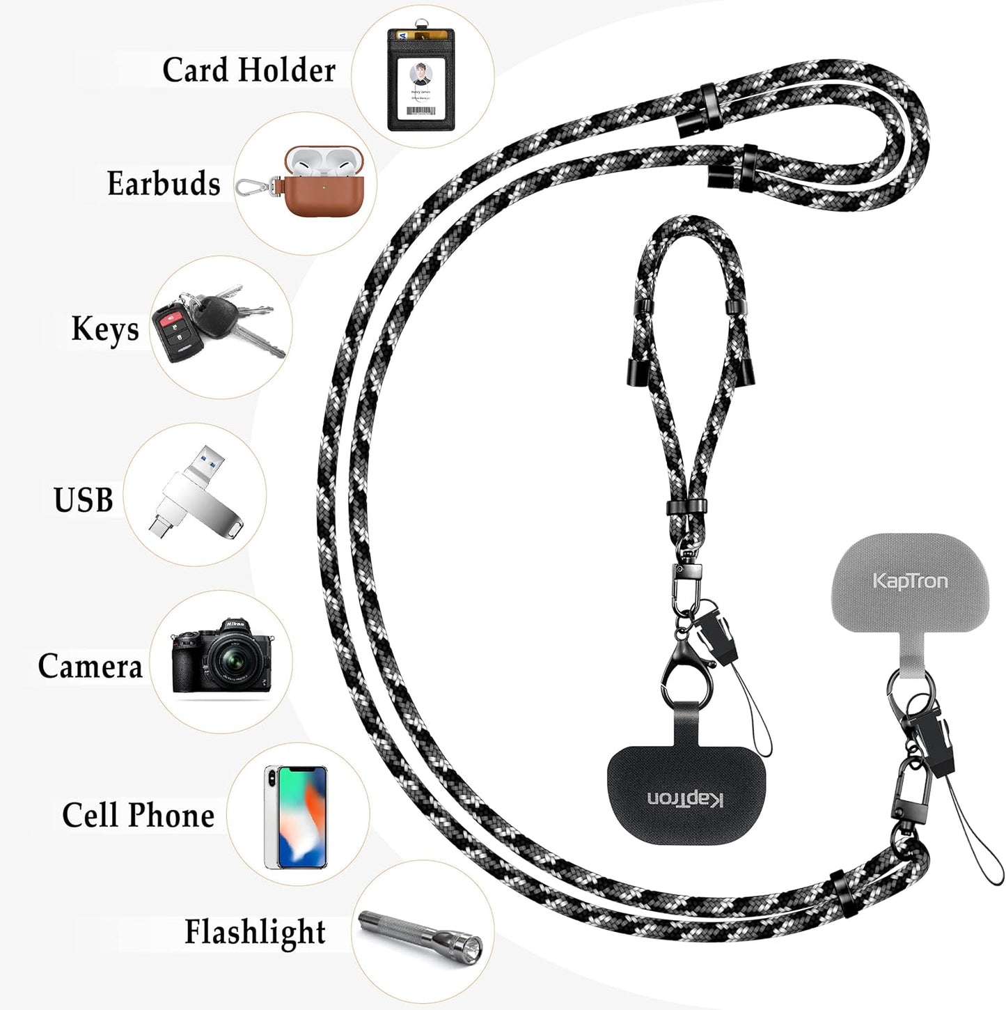 Universal Phone Lanyard with Wrist Strap, Adjustable Crossbody Cell Phone Lanyard Neck Strap and Wristlet Strap with 2 Lobster Clips, Phone Tether Patches and Phone Straps (Black/White/Gray, 2 Pack)